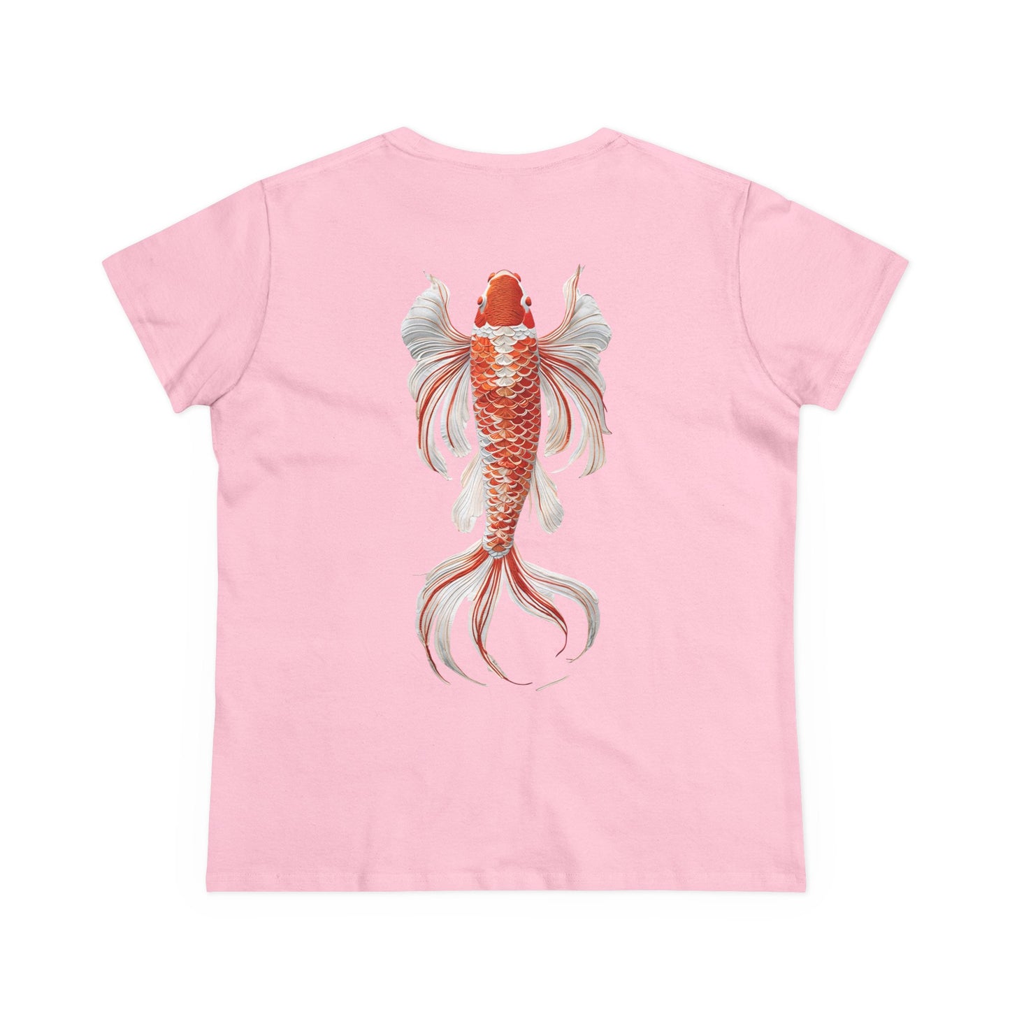 Artistic Goldfish Graphic Women's Midweight Cotton Tee koi On back of tee
