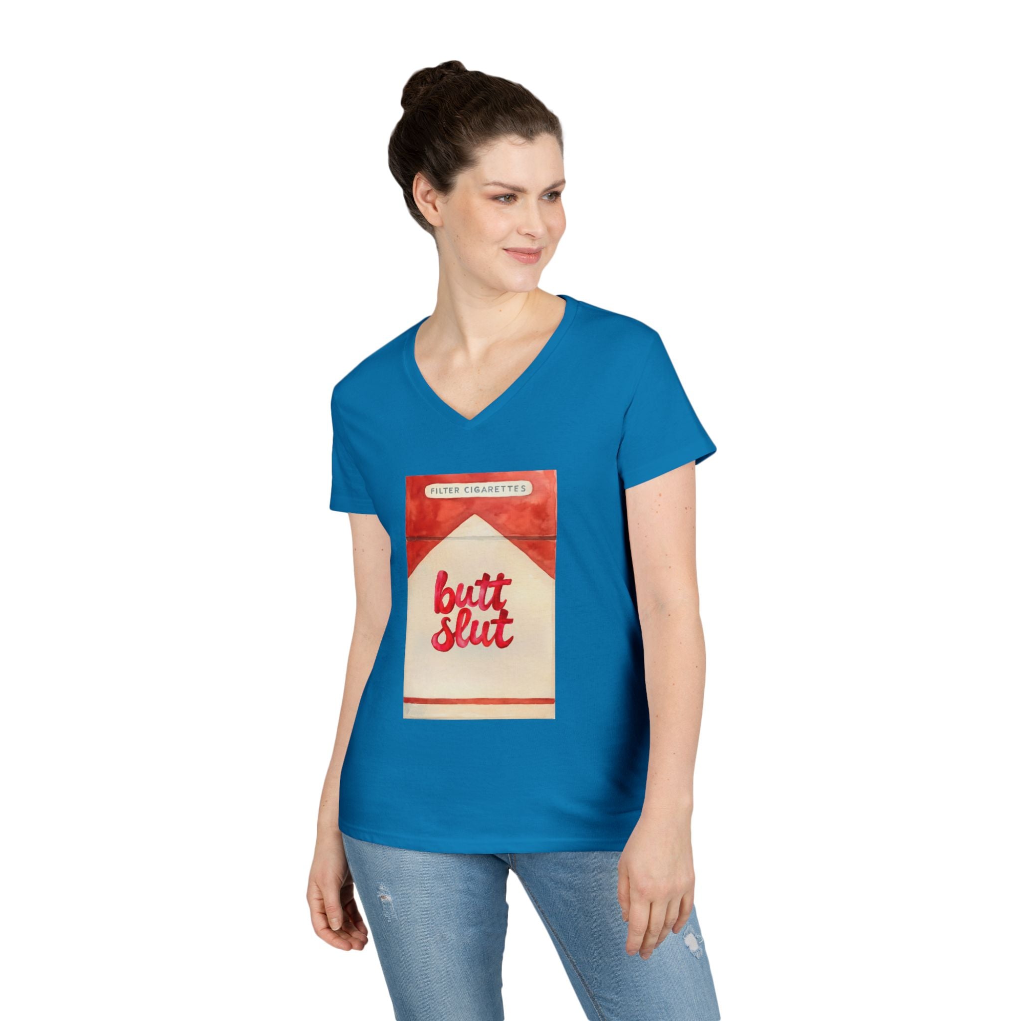 Butt Slut Ladies' V-Neck T-Shirt, Fun Offensive Smokers Shirt, Women's Tee, Rude Graphic Top, V-Neck Short Sleeve Shirt