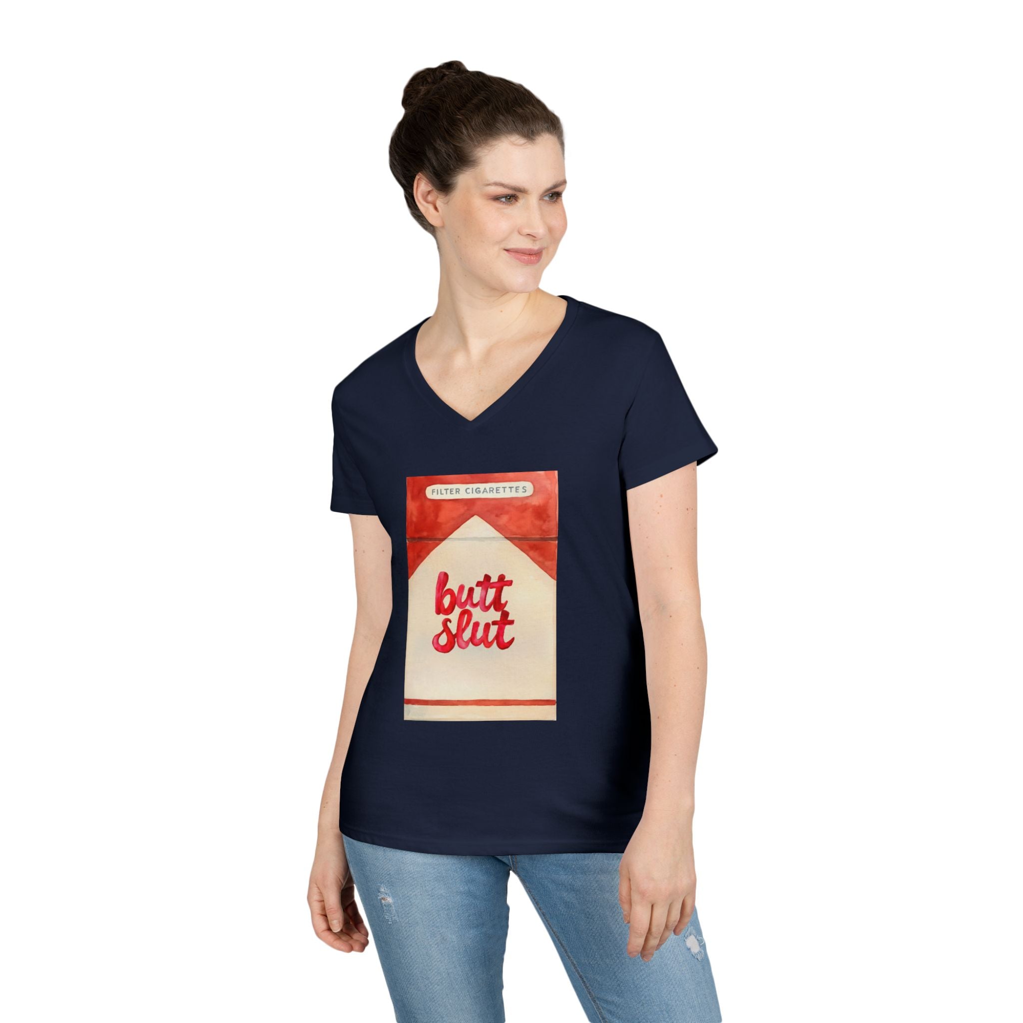 Butt Slut Ladies' V-Neck T-Shirt, Fun Offensive Smokers Shirt, Women's Tee, Rude Graphic Top, V-Neck Short Sleeve Shirt