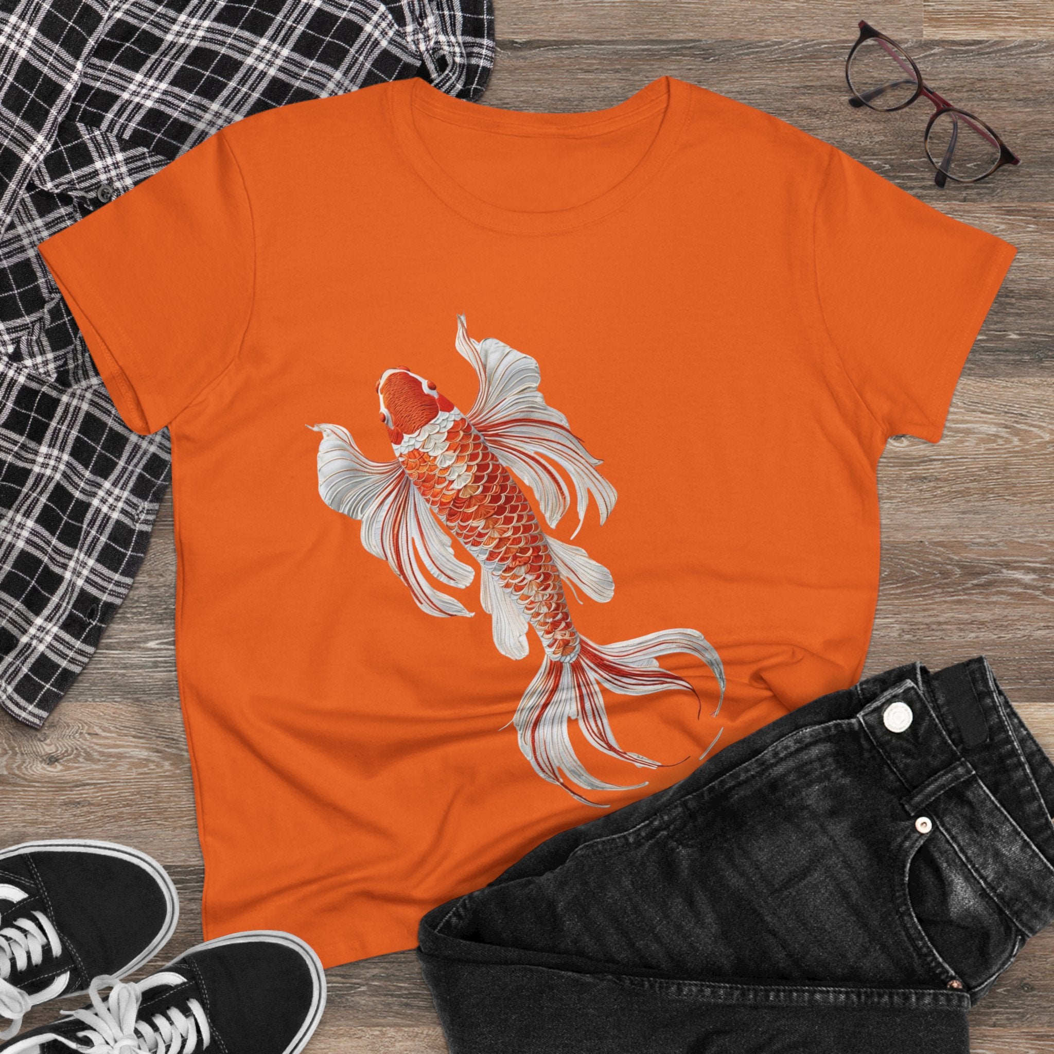 Koi Fish Design Tee for Women, Casual Summer Top, Gift for Nature Lovers, Artistic Cotton Shirt, Ocean Vibe Tee, Everyday Wear
