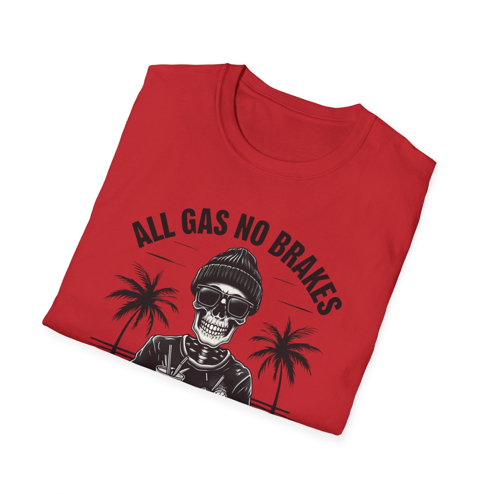All Gas No Brakes Tee, Beach Party Skull Unisex Softstyle T-Shirt, Summer Skeleton Shirt, Vacation Graphic Top, Surfing Skeleton Apparel