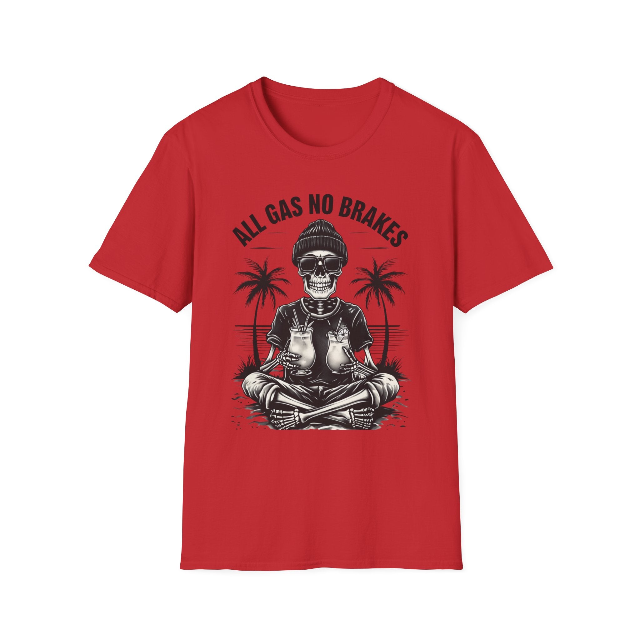 All Gas No Brakes Tee, Beach Party Skull Unisex Softstyle T-Shirt, Summer Skeleton Shirt, Vacation Graphic Top, Surfing Skeleton Apparel