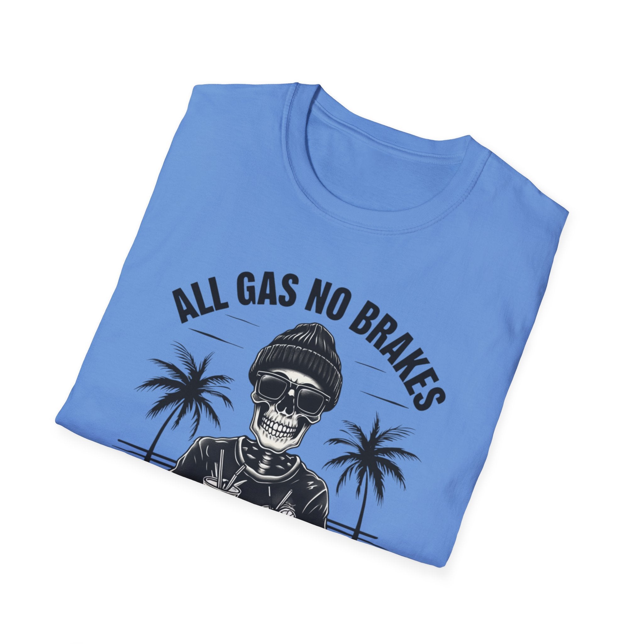 All Gas No Brakes Tee, Beach Party Skull Unisex Softstyle T-Shirt, Summer Skeleton Shirt, Vacation Graphic Top, Surfing Skeleton Apparel