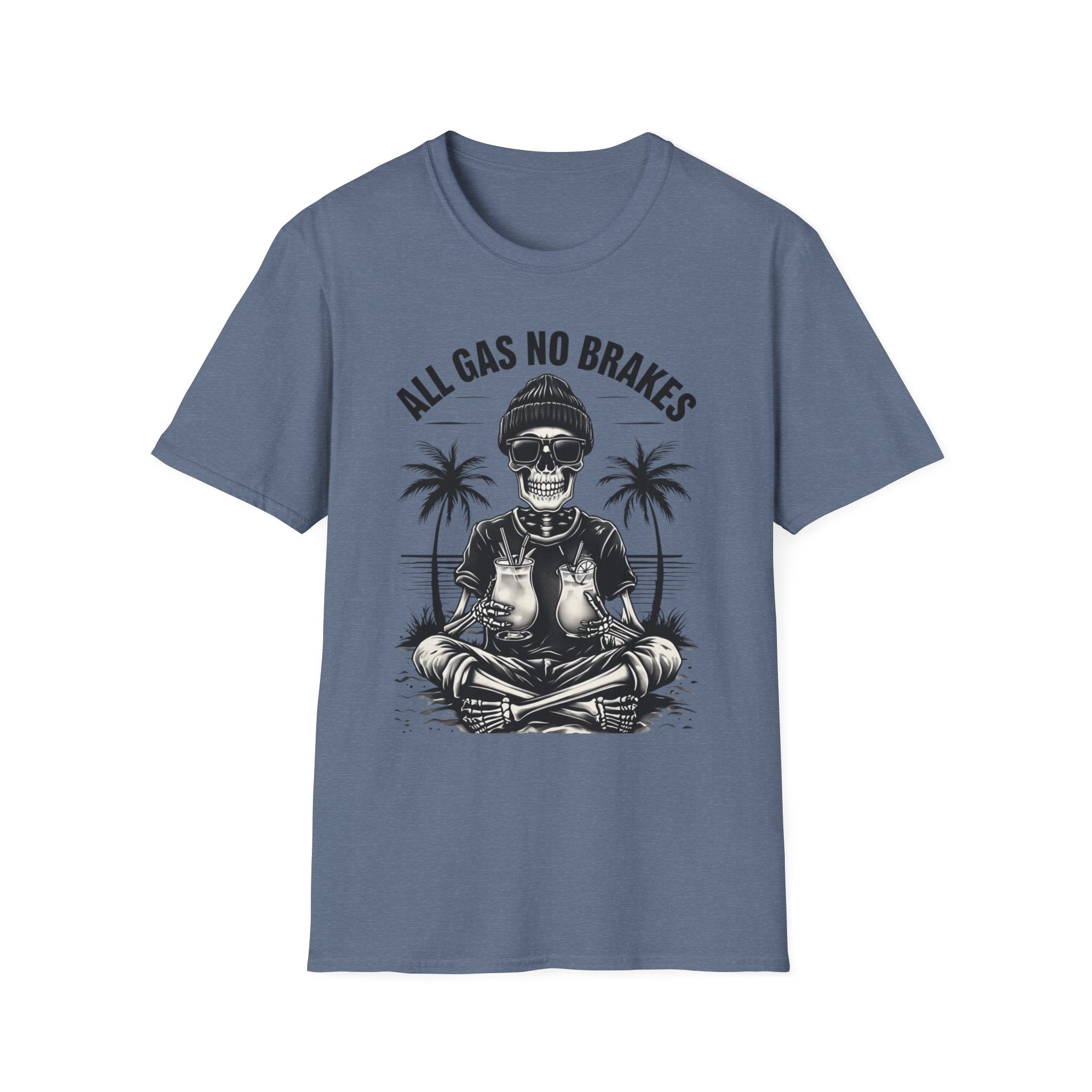 All Gas No Brakes Tee, Beach Party Skull Unisex Softstyle T-Shirt, Summer Skeleton Shirt, Vacation Graphic Top, Surfing Skeleton Apparel