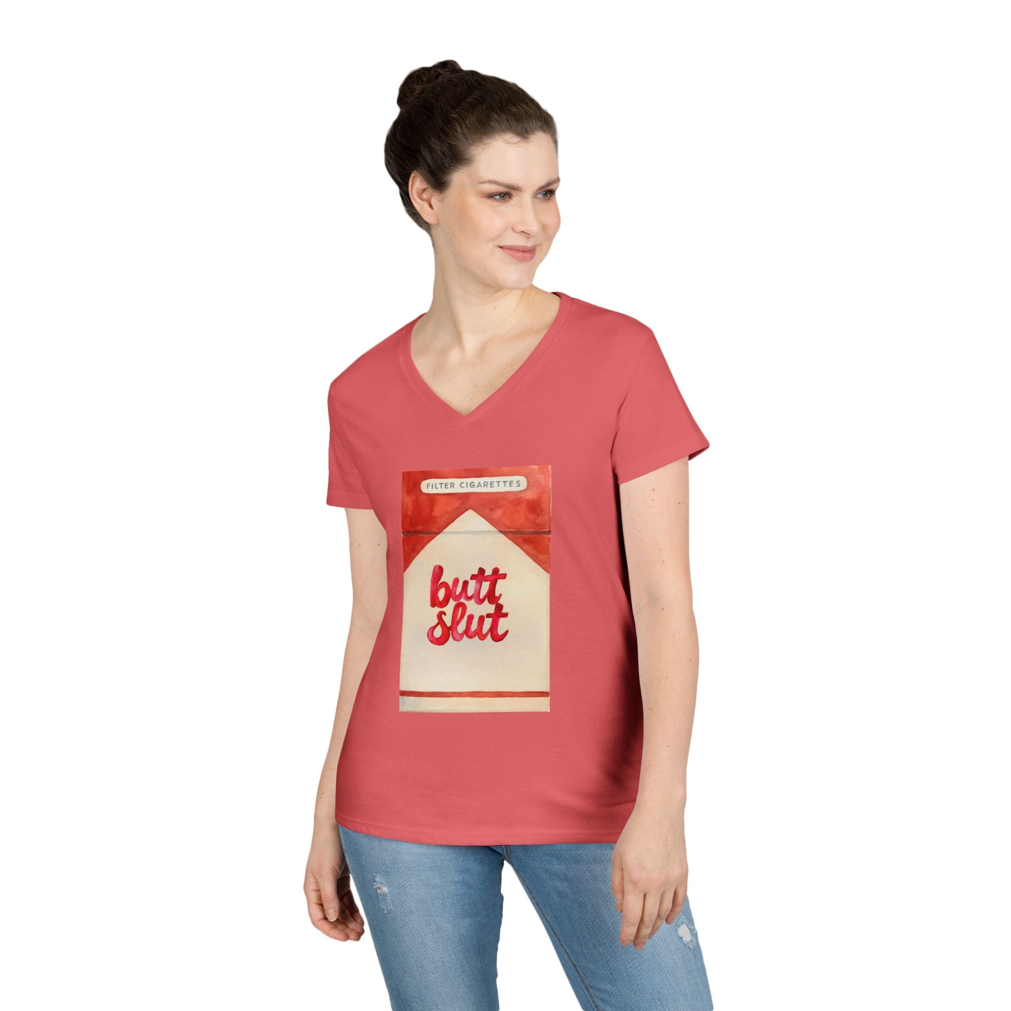 Butt Slut Ladies' V-Neck T-Shirt, Fun Offensive Smokers Shirt, Women's Tee, Rude Graphic Top, V-Neck Short Sleeve Shirt