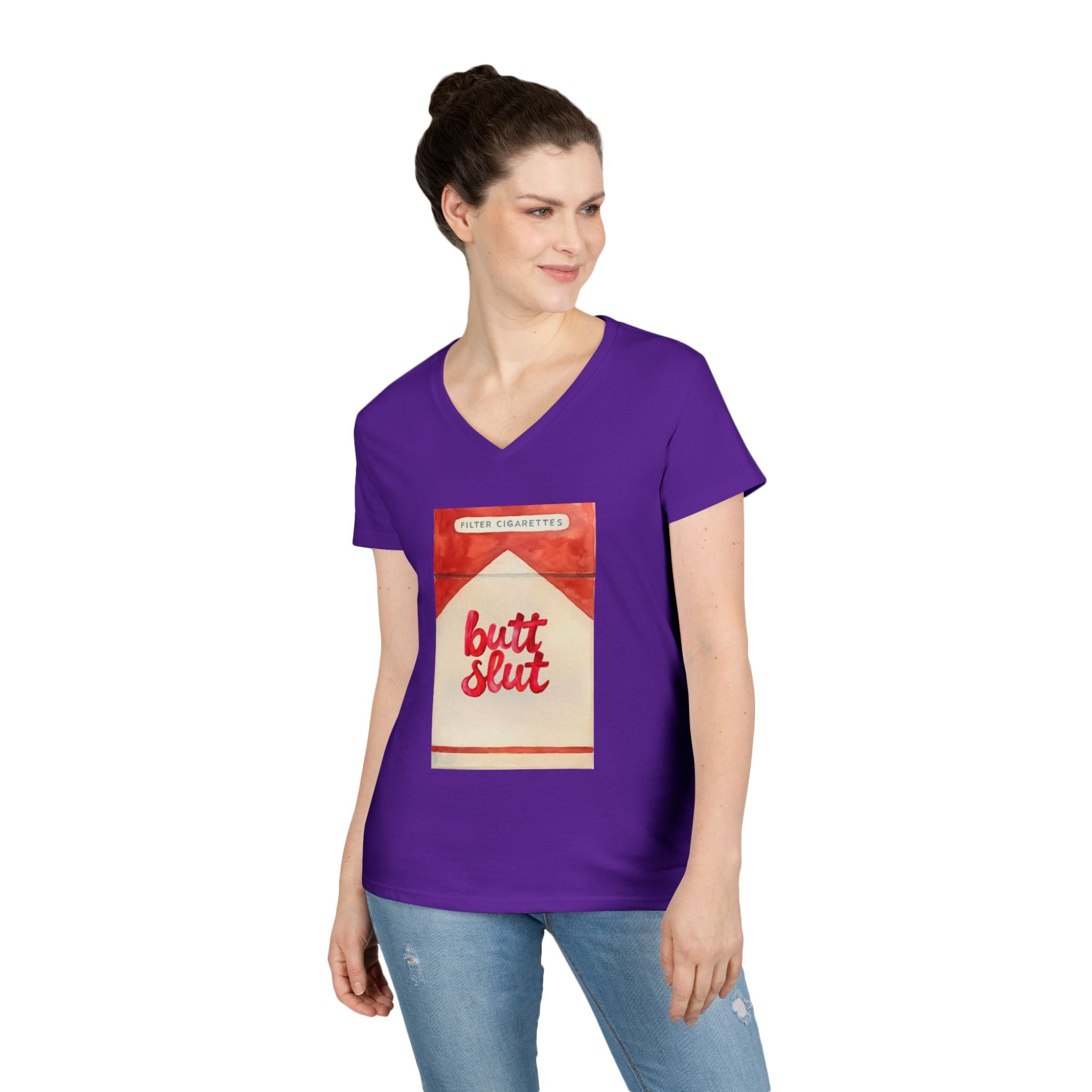 Butt Slut Ladies' V-Neck T-Shirt, Fun Offensive Smokers Shirt, Women's Tee, Rude Graphic Top, V-Neck Short Sleeve Shirt