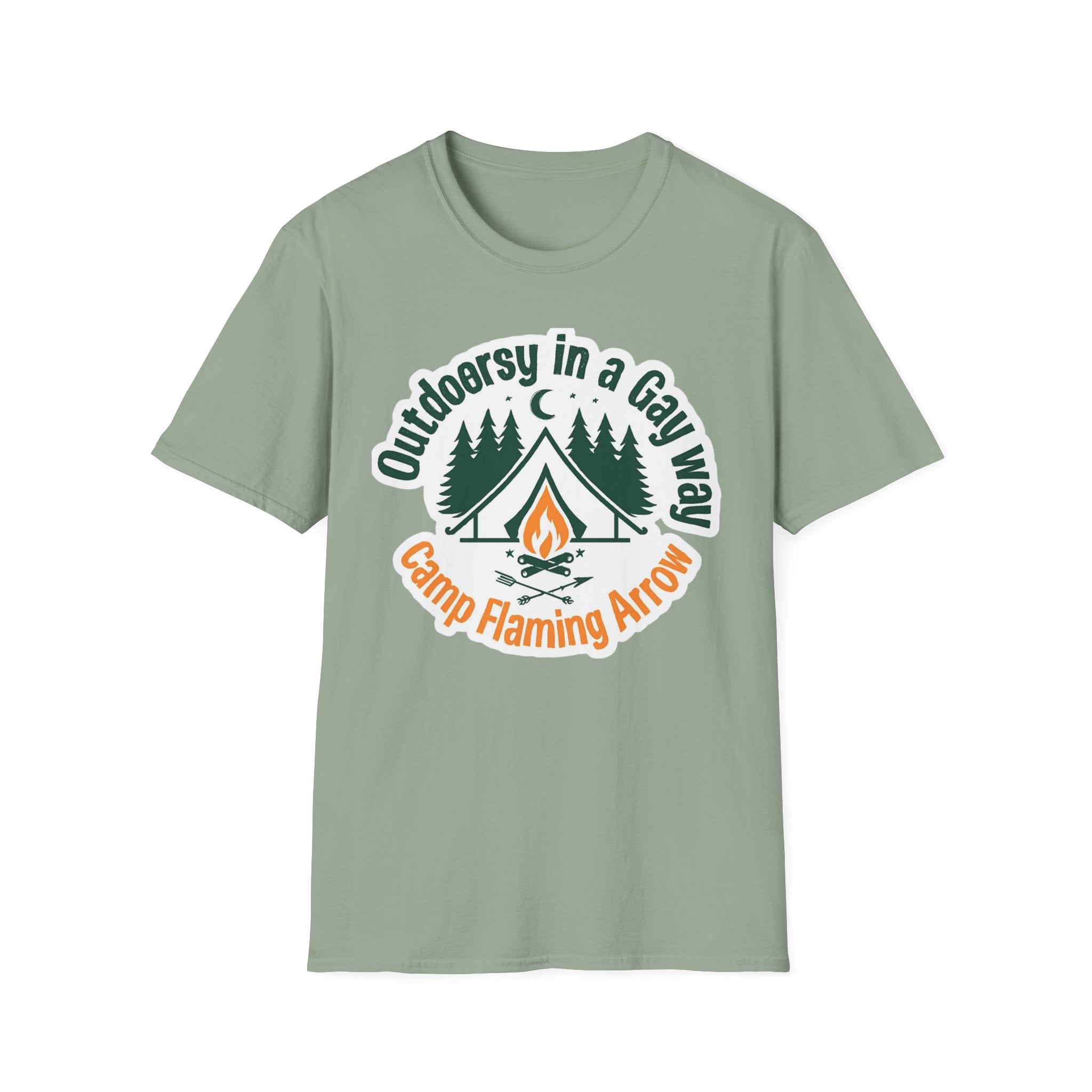 Camp Flaming Arrow Pride T-Shirt, Ptown carnival Gay Outdoorsy in a gay way, LGBTQ+ Camping Gear, Summer Festival Top, Unisex Graphic Tee