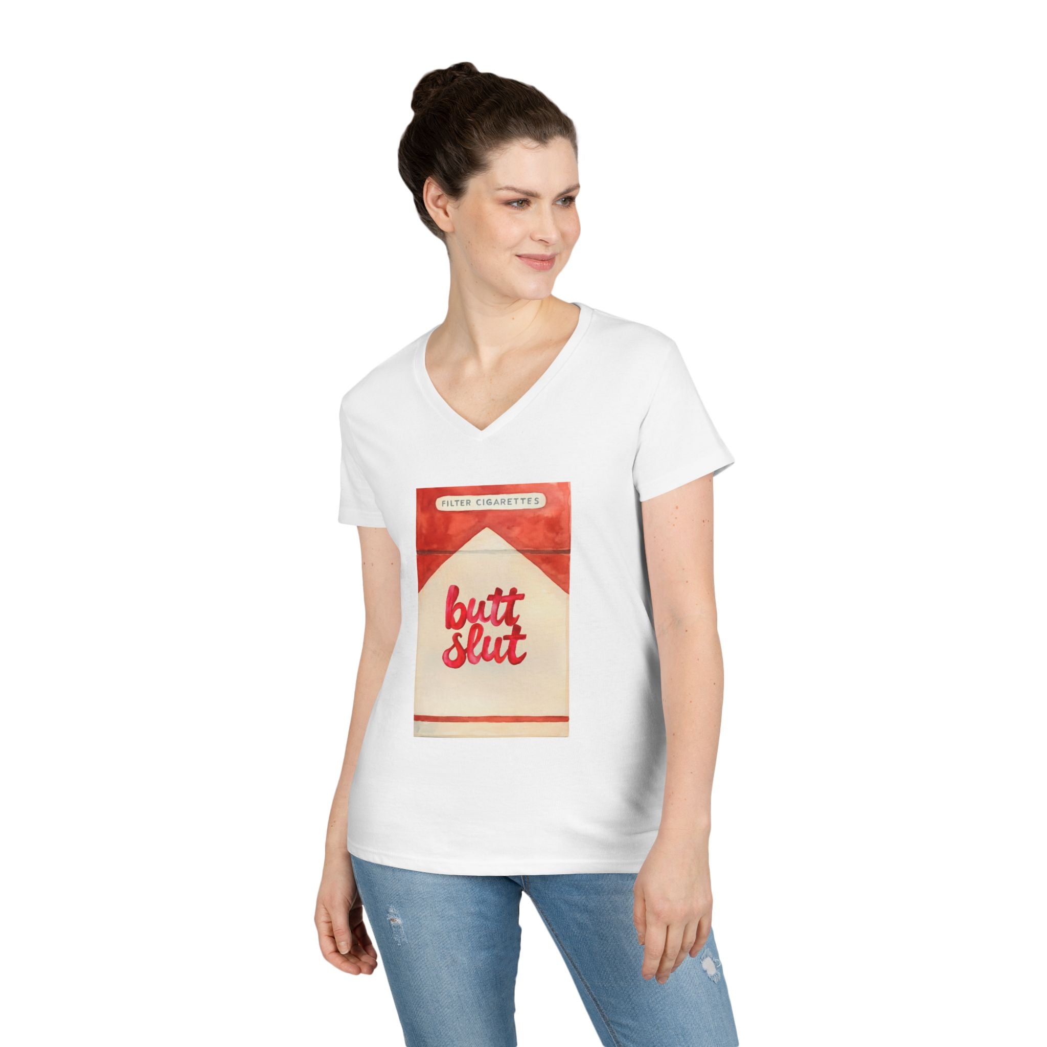 Butt Slut Ladies' V-Neck T-Shirt, Fun Offensive Smokers Shirt, Women's Tee, Rude Graphic Top, V-Neck Short Sleeve Shirt