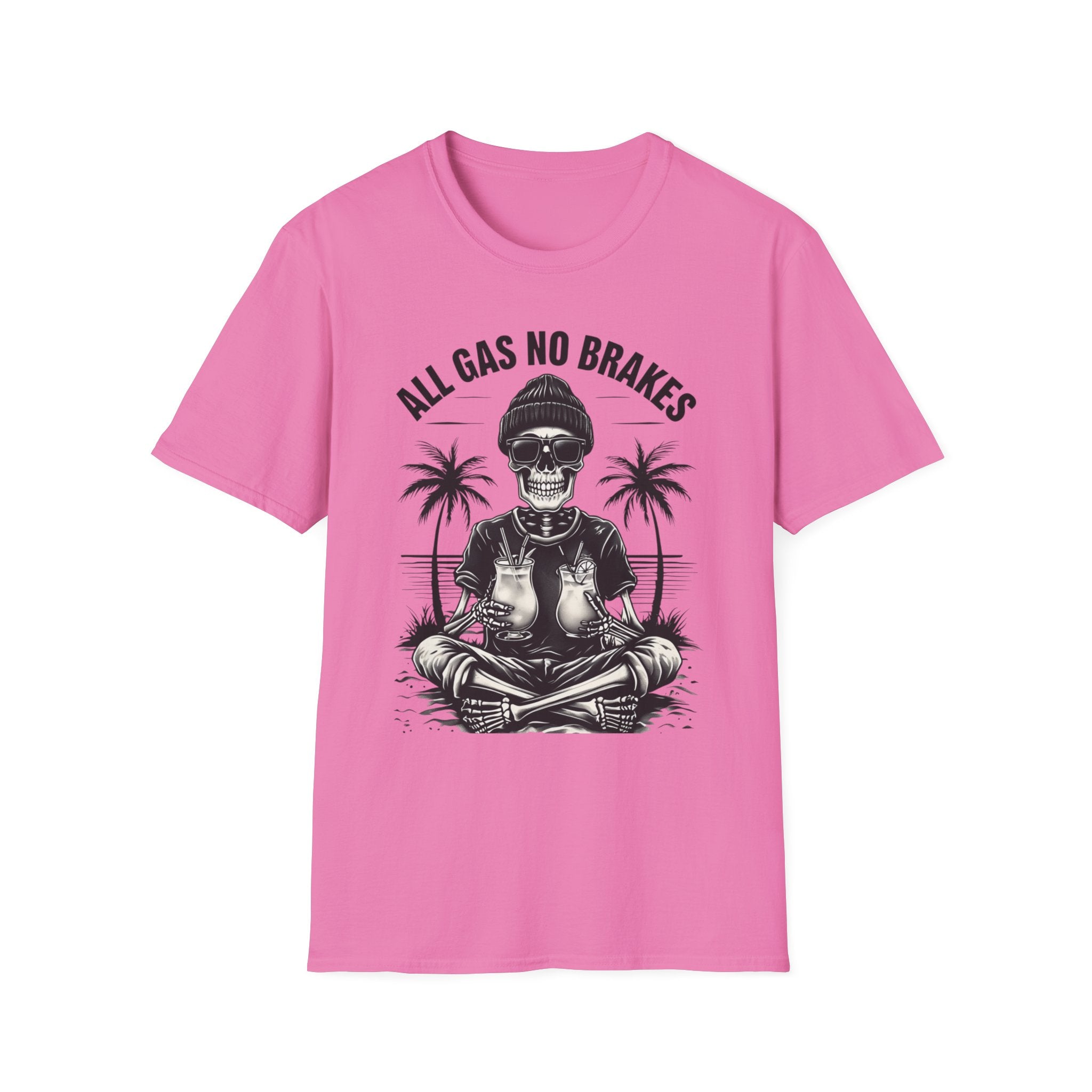 All Gas No Brakes Tee, Beach Party Skull Unisex Softstyle T-Shirt, Summer Skeleton Shirt, Vacation Graphic Top, Surfing Skeleton Apparel