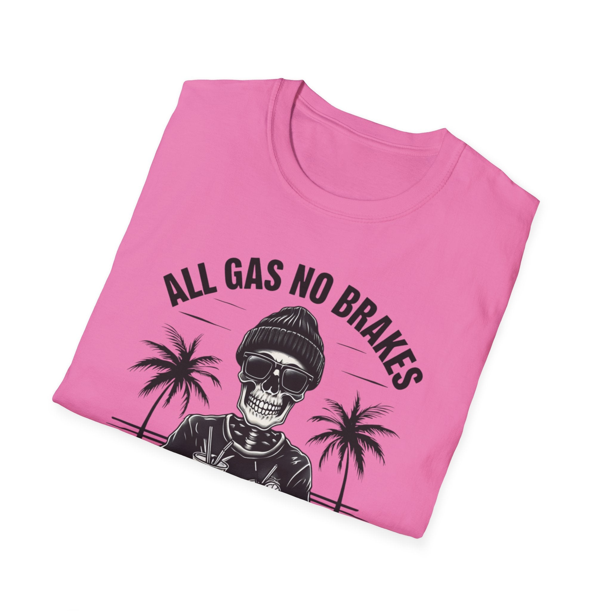 All Gas No Brakes Tee, Beach Party Skull Unisex Softstyle T-Shirt, Summer Skeleton Shirt, Vacation Graphic Top, Surfing Skeleton Apparel