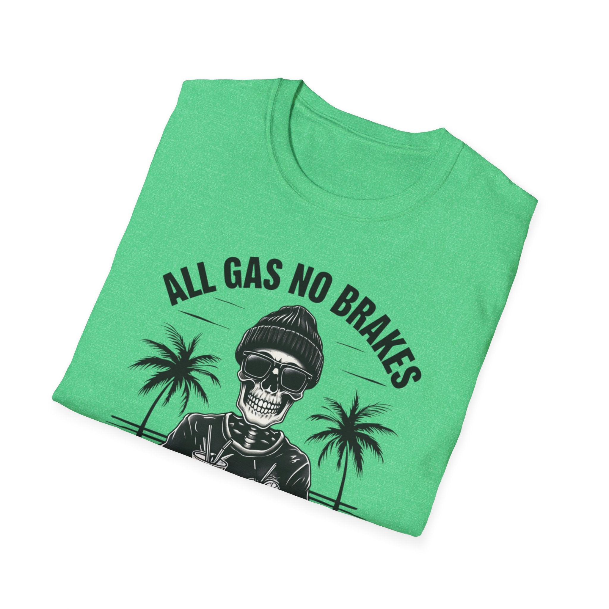 All Gas No Brakes Tee, Beach Party Skull Unisex Softstyle T-Shirt, Summer Skeleton Shirt, Vacation Graphic Top, Surfing Skeleton Apparel