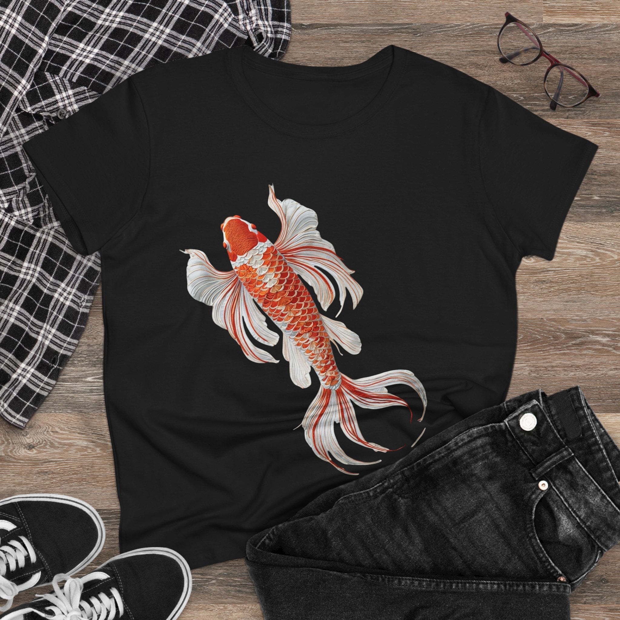 Koi Fish Design Tee for Women, Casual Summer Top, Gift for Nature Lovers, Artistic Cotton Shirt, Ocean Vibe Tee, Everyday Wear