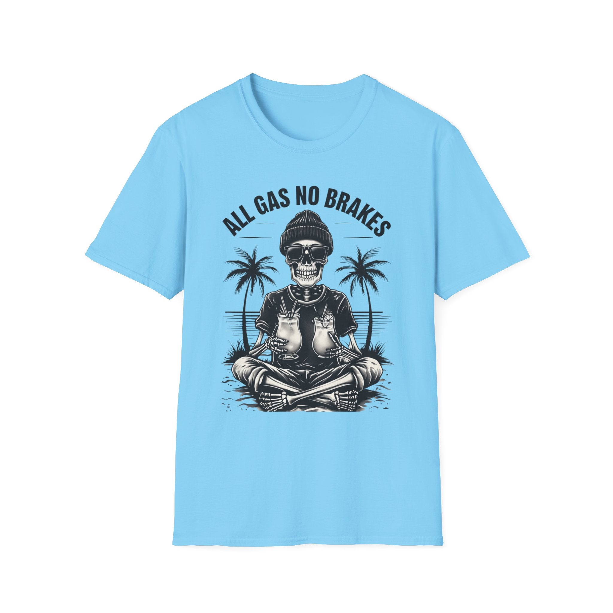 All Gas No Brakes Tee, Beach Party Skull Unisex Softstyle T-Shirt, Summer Skeleton Shirt, Vacation Graphic Top, Surfing Skeleton Apparel