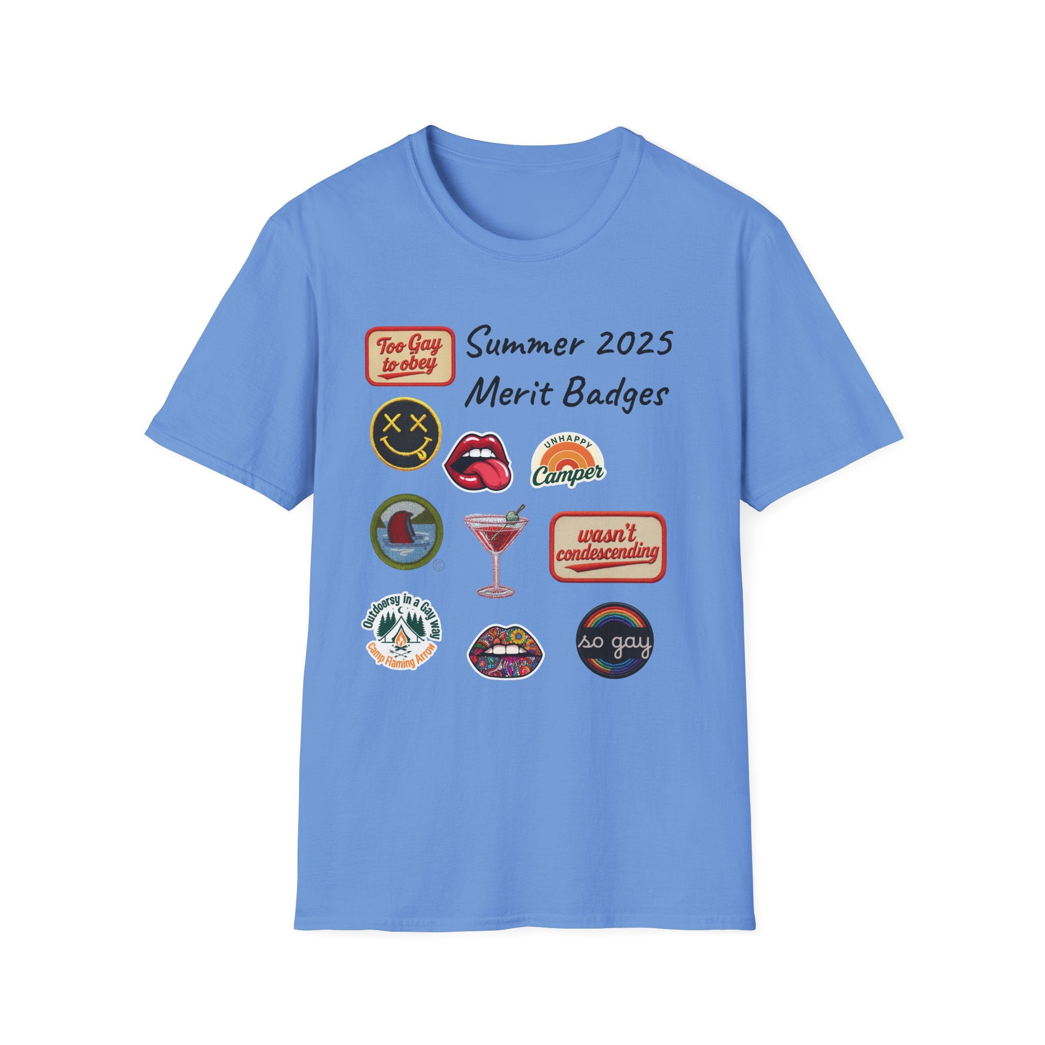 Summer 2025 Merit Badges carnival Unisex Softstyle T-Shirt, Gay Summer Apparel, Camp Vibes Tee, Unique Gifts, Casual Wear for Parties