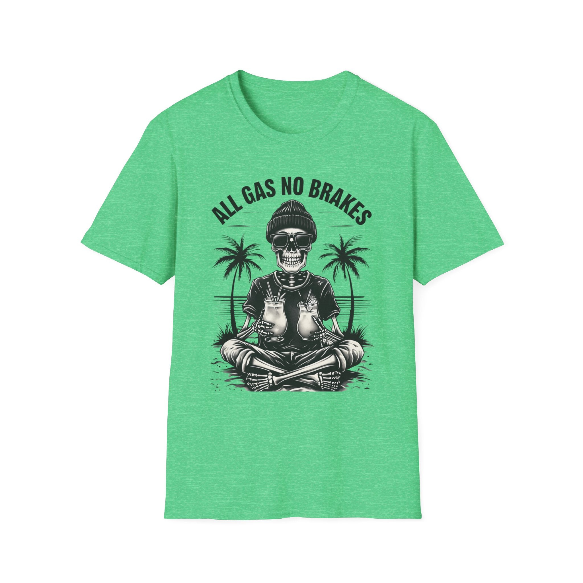 All Gas No Brakes Tee, Beach Party Skull Unisex Softstyle T-Shirt, Summer Skeleton Shirt, Vacation Graphic Top, Surfing Skeleton Apparel