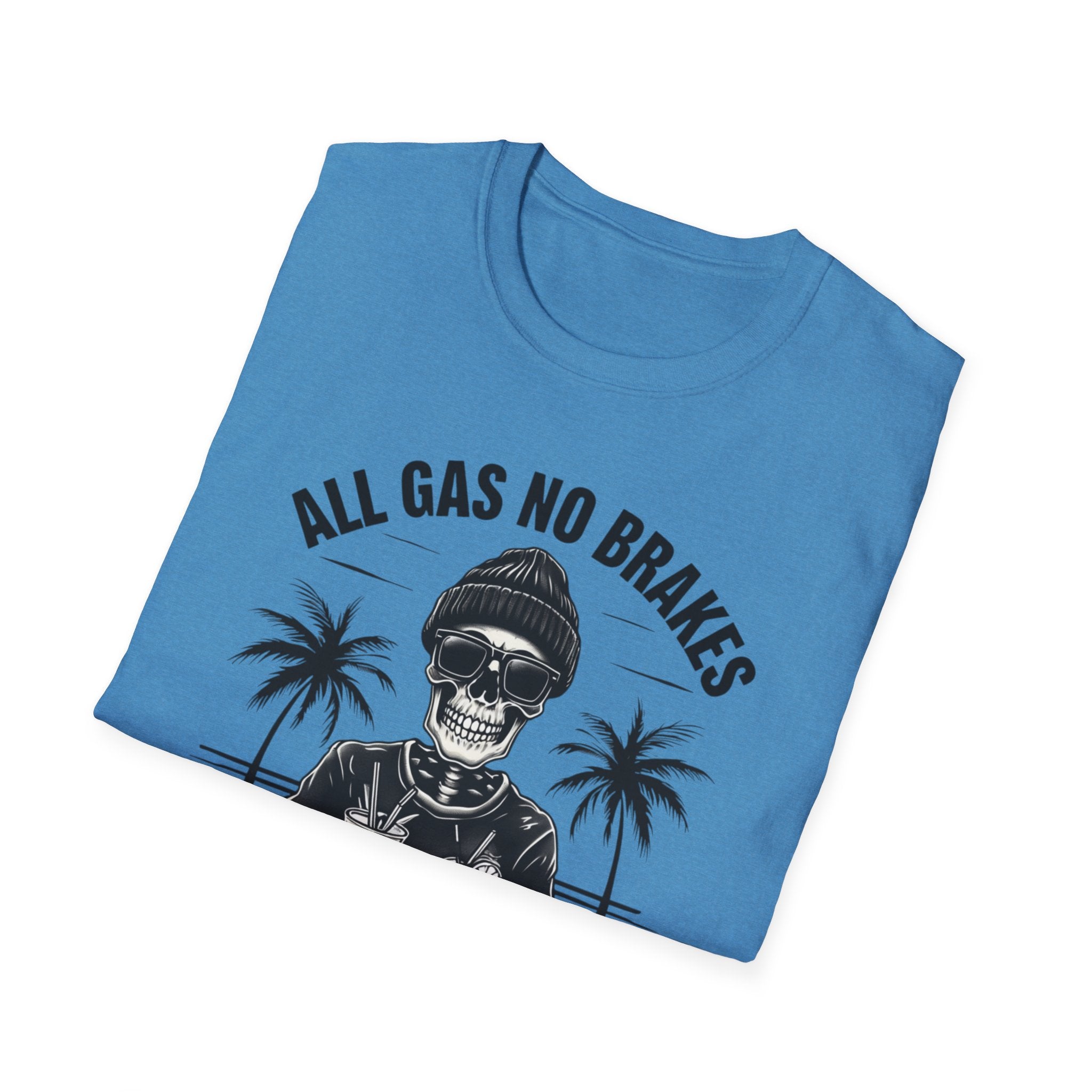 All Gas No Brakes Tee, Beach Party Skull Unisex Softstyle T-Shirt, Summer Skeleton Shirt, Vacation Graphic Top, Surfing Skeleton Apparel