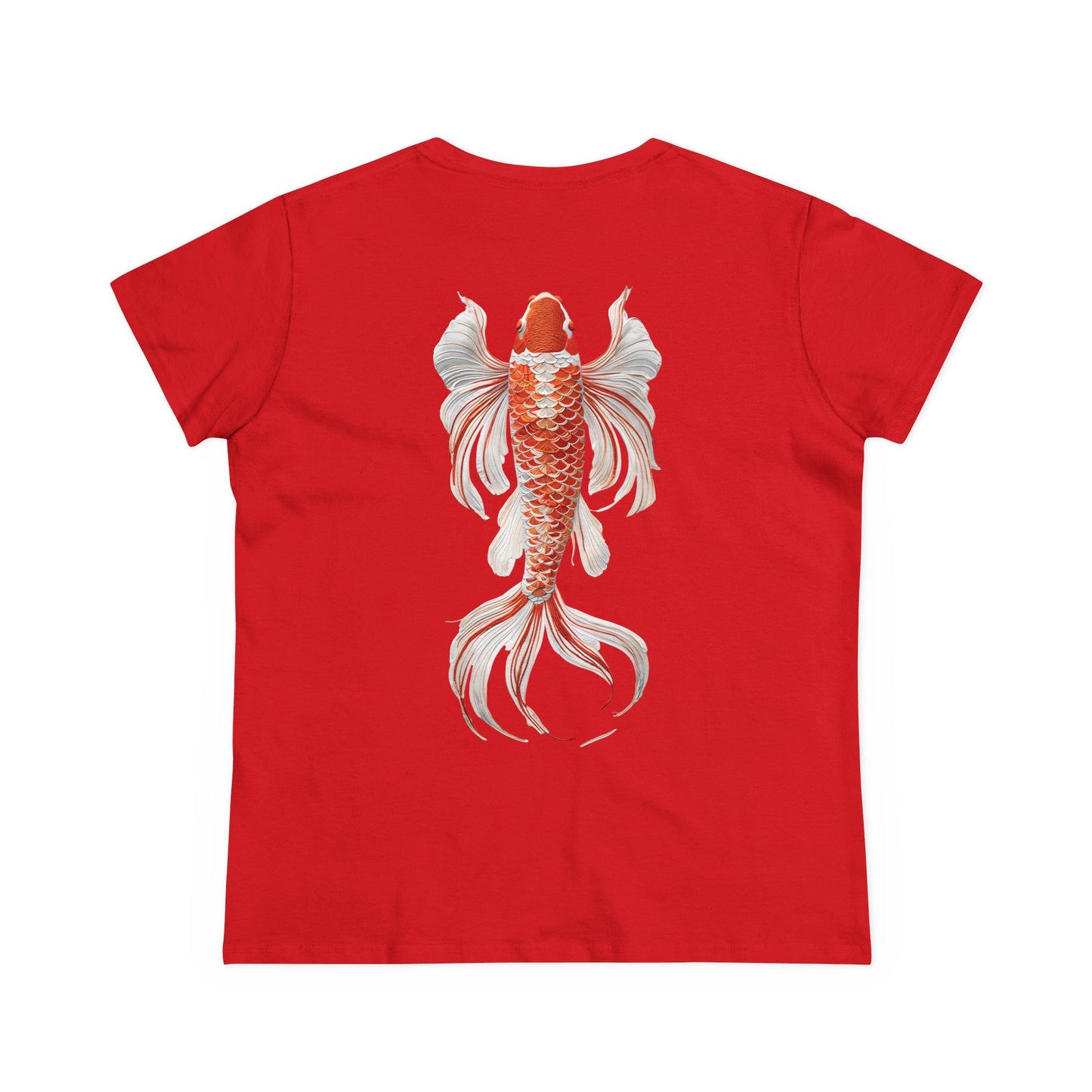 Artistic Goldfish Graphic Women's Midweight Cotton Tee koi On back of tee
