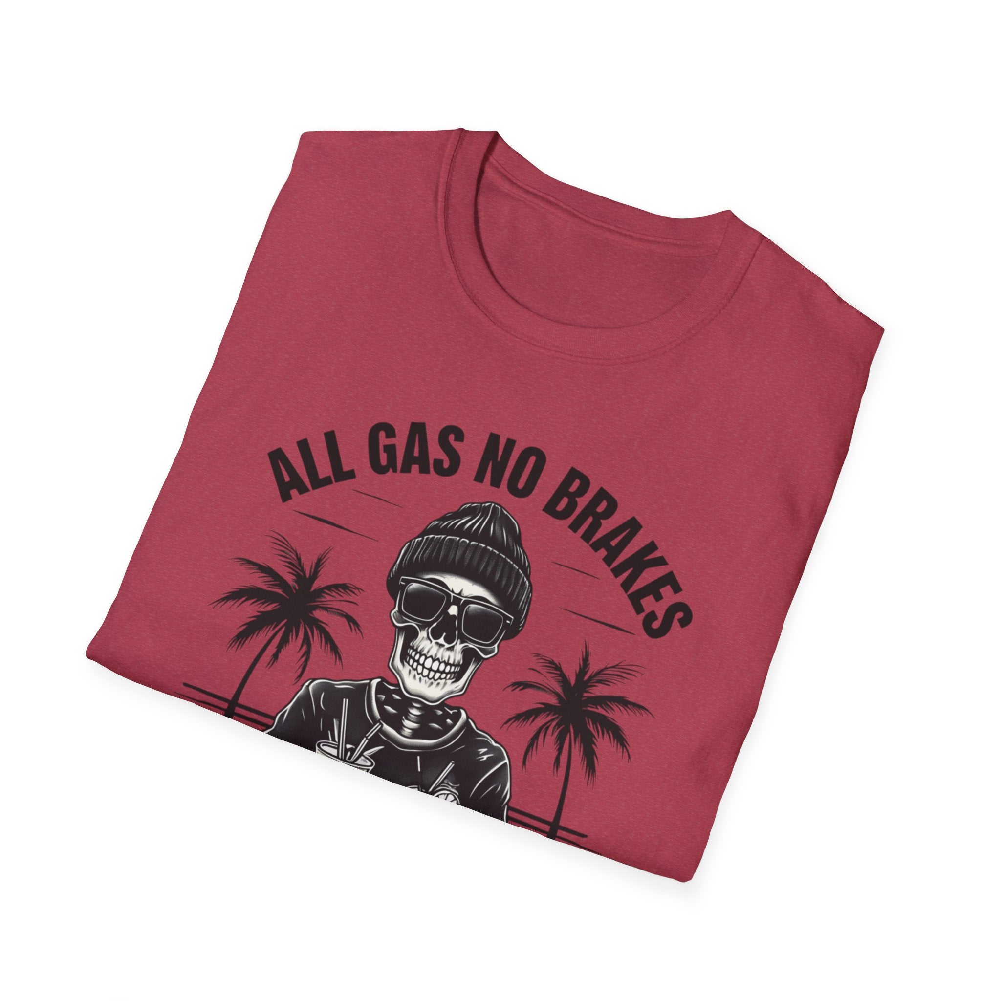 All Gas No Brakes Tee, Beach Party Skull Unisex Softstyle T-Shirt, Summer Skeleton Shirt, Vacation Graphic Top, Surfing Skeleton Apparel