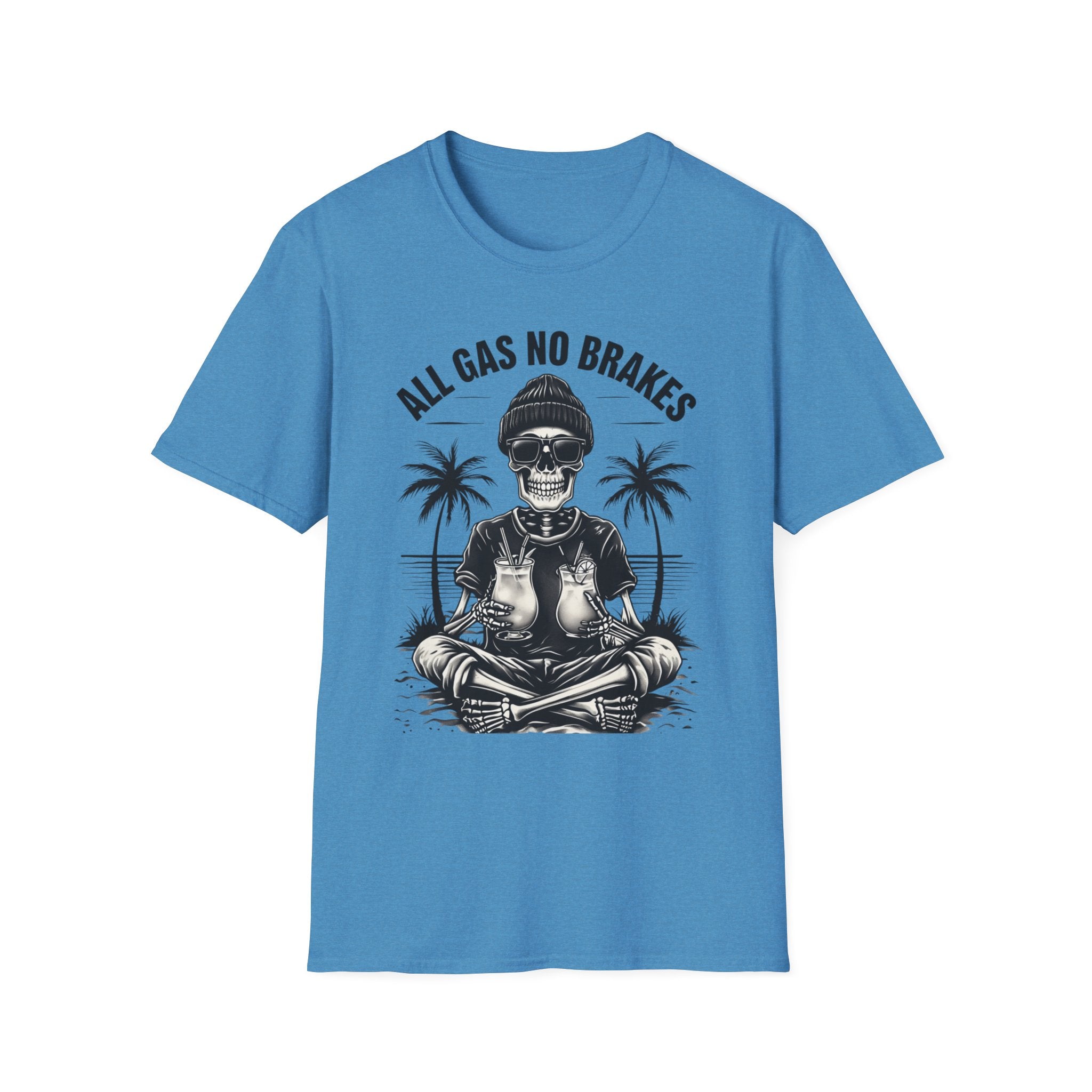 All Gas No Brakes Tee, Beach Party Skull Unisex Softstyle T-Shirt, Summer Skeleton Shirt, Vacation Graphic Top, Surfing Skeleton Apparel