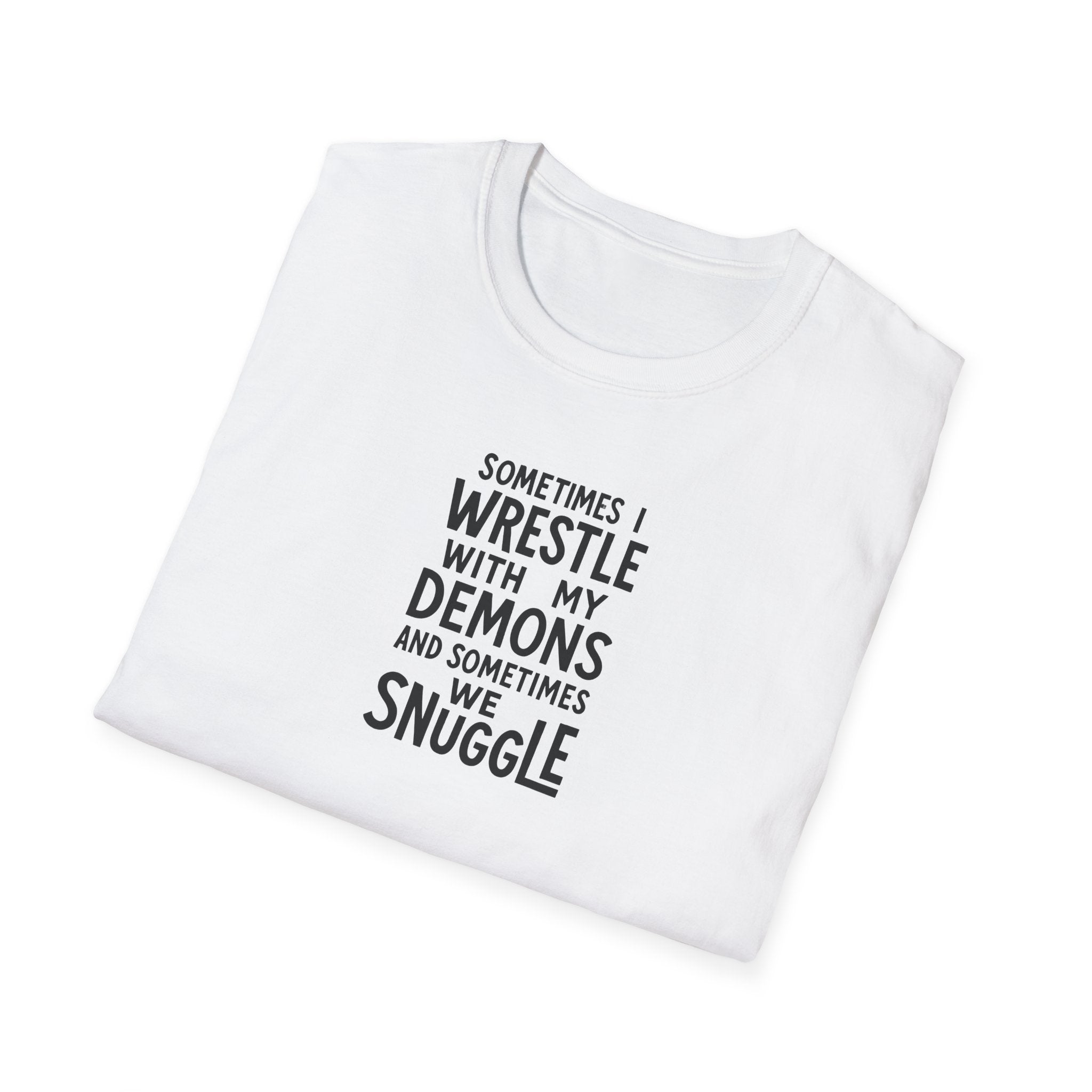 Demon Snuggle Unisex Softstyle T-Shirt, Wrestling Funny Tee, Mental Health Shirt, Graphic Tee, Gift for Him Her