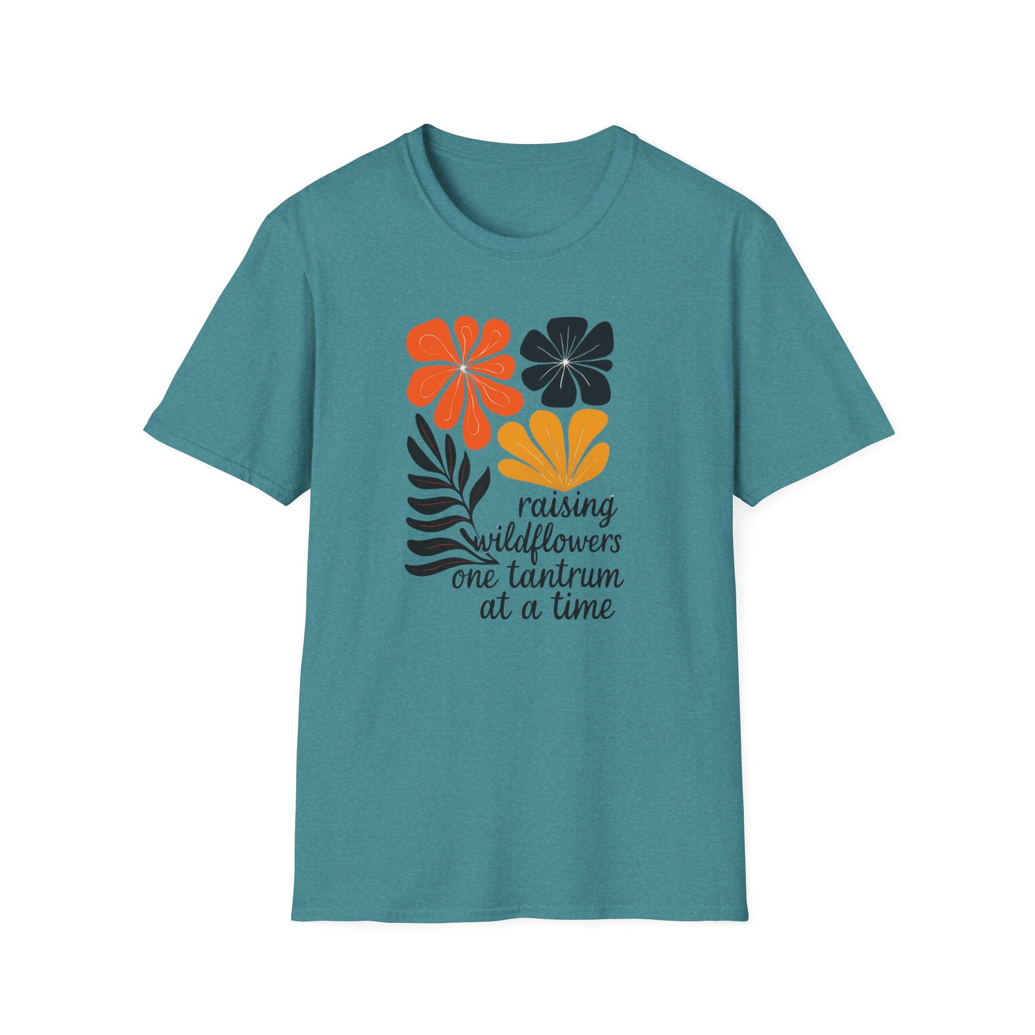 Raising wild flowers, one tantrum at a time Mom Life Unisex Softstyle T-Shirt, Gifts for Toddler Moms, Raising Wildflowers, floral  Apparel