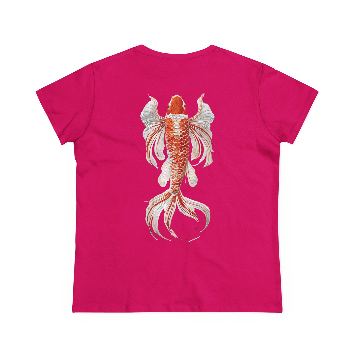 Artistic Goldfish Graphic Women's Midweight Cotton Tee koi On back of tee