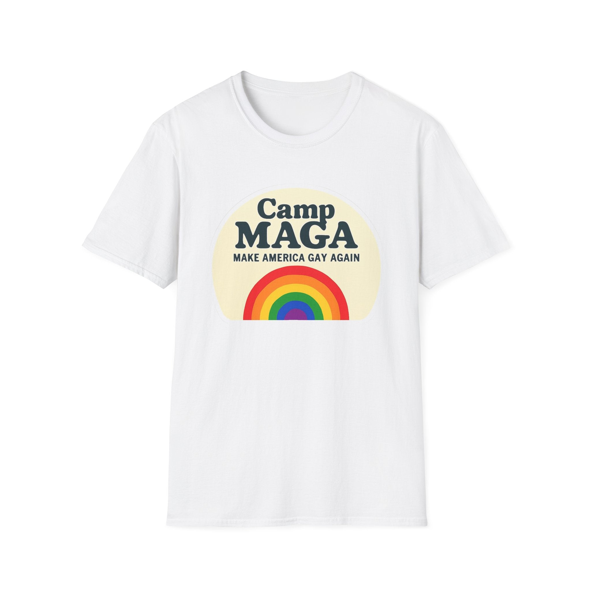 Camp MAGA Rainbow T-Shirt, Carnival Make America Gay Again Pride Tee, LGBTQ Festival Shirt, Unisex Softstyle Top, Patriotic Rainbow Apparel