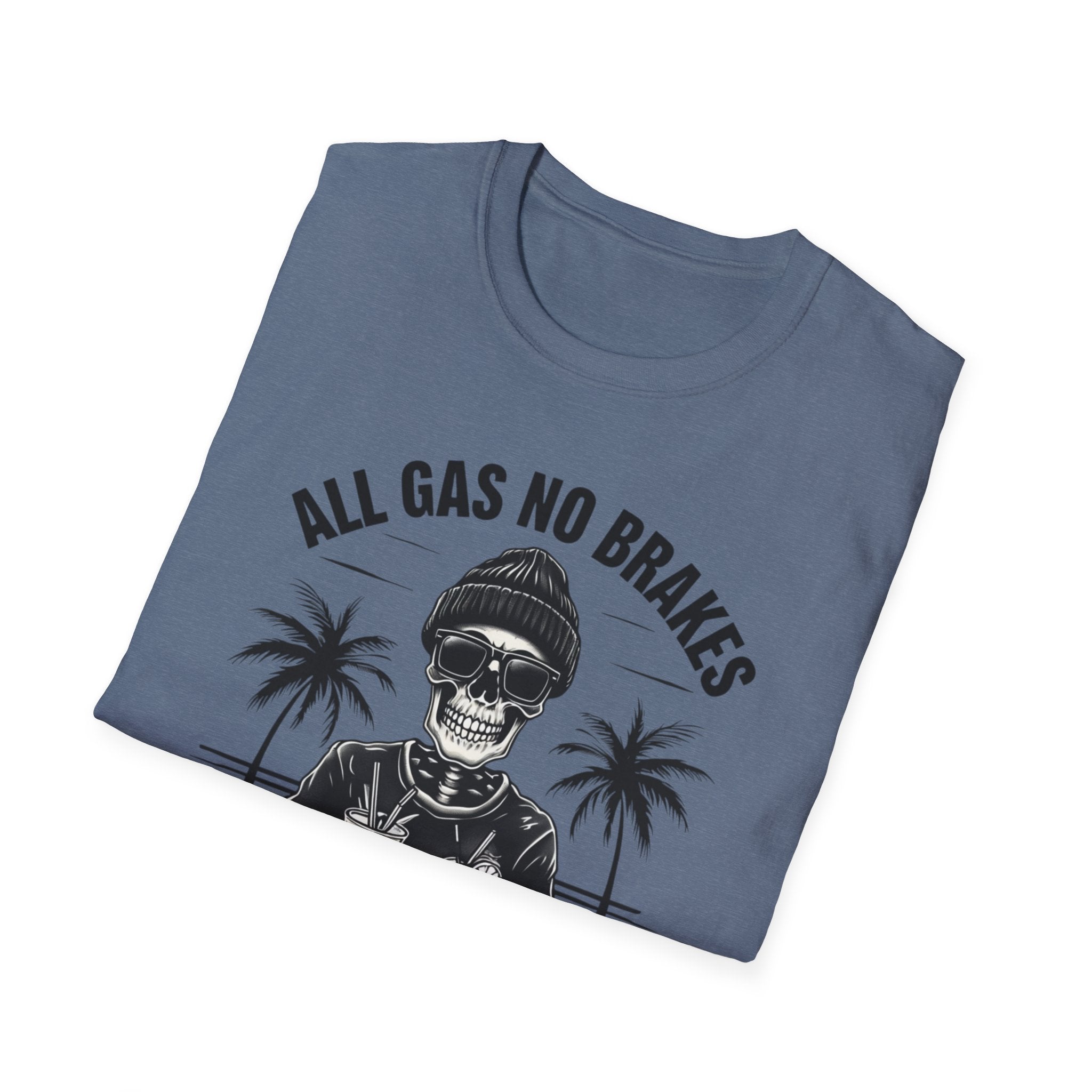 All Gas No Brakes Tee, Beach Party Skull Unisex Softstyle T-Shirt, Summer Skeleton Shirt, Vacation Graphic Top, Surfing Skeleton Apparel