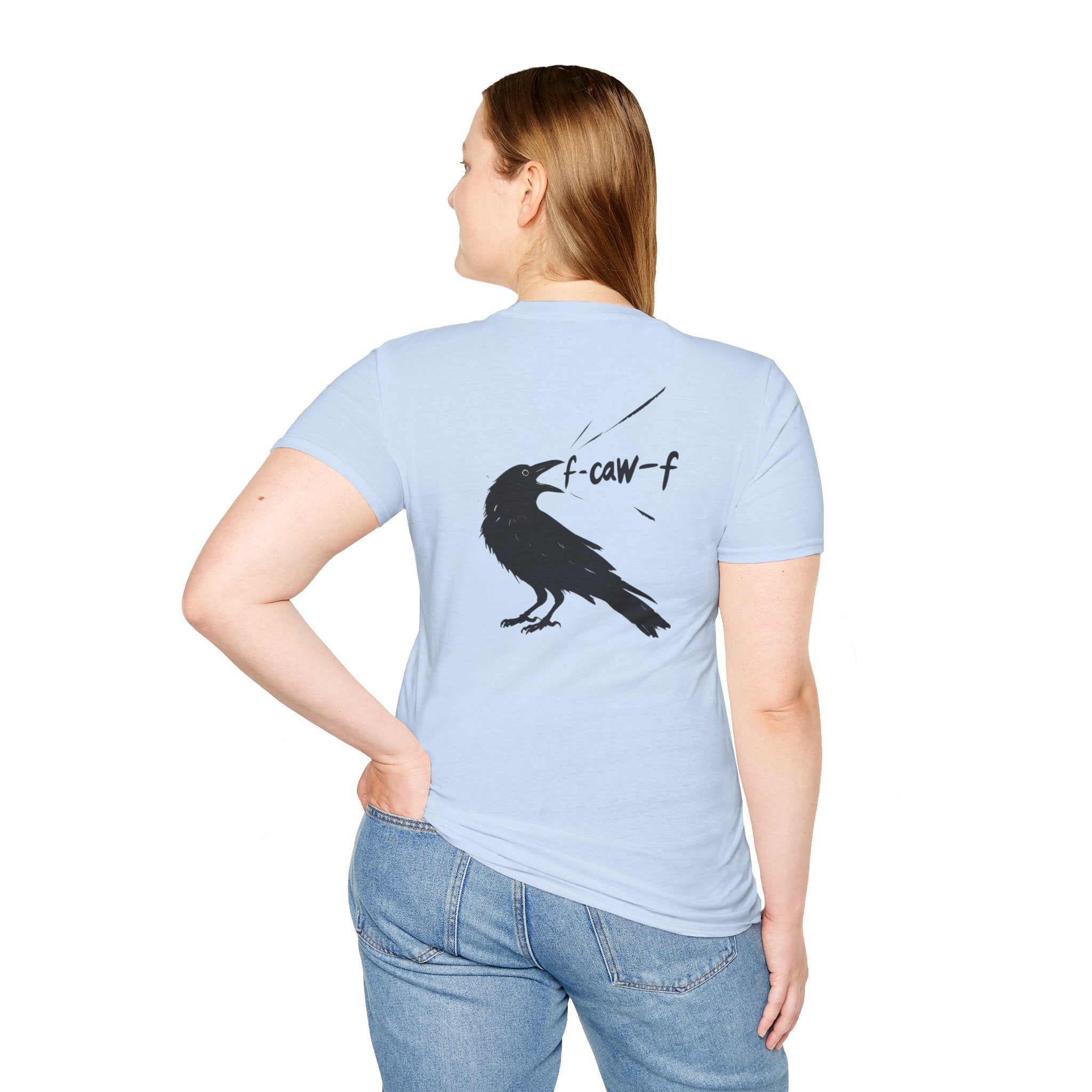 F Off Crow Bird Lover back of shirt design Unisex Softstyle T-Shirt, Sarcastic Graphic Tee for Bird Enthusiasts, F Off Tee, Unique Gift, F-Caw-F Christmas gift