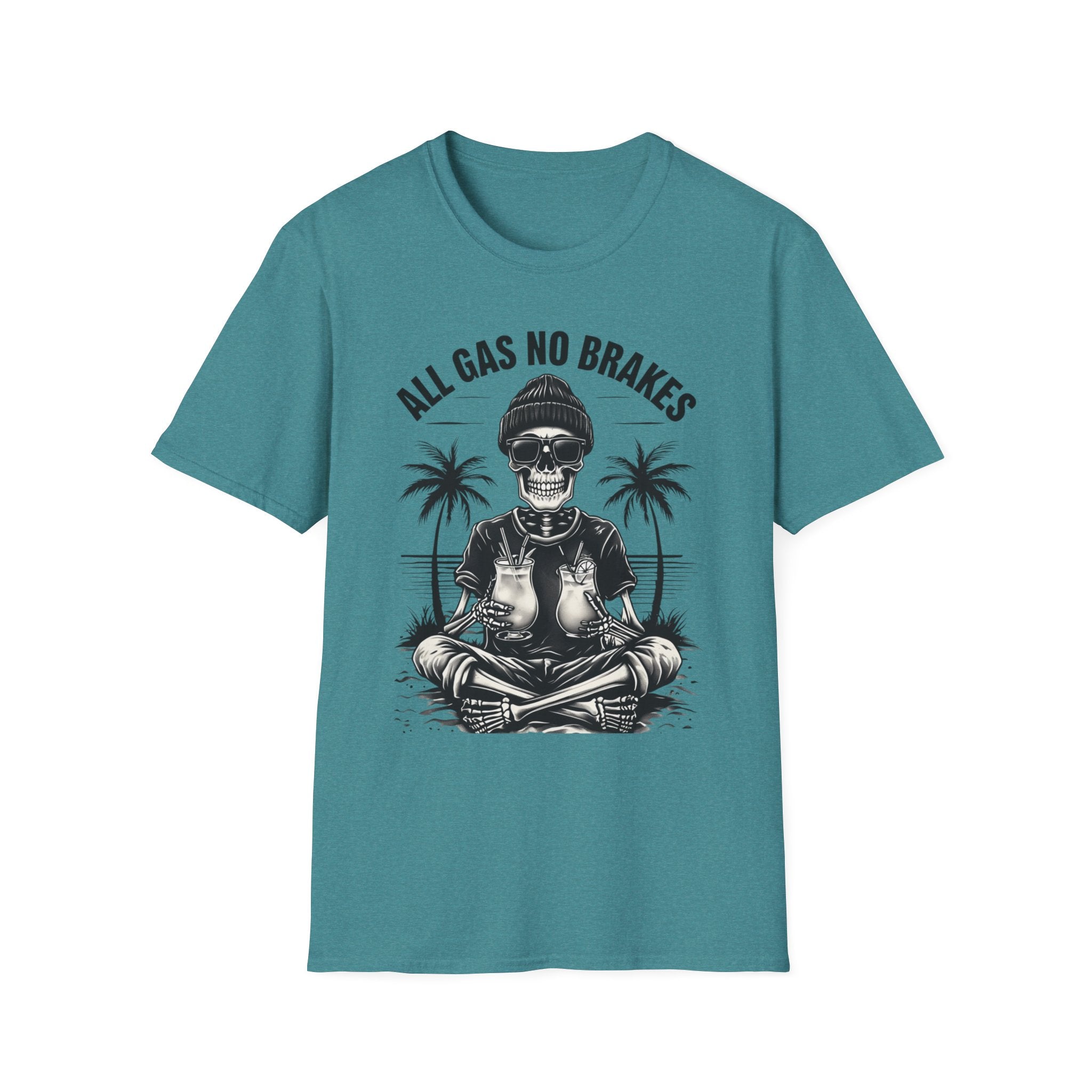 All Gas No Brakes Tee, Beach Party Skull Unisex Softstyle T-Shirt, Summer Skeleton Shirt, Vacation Graphic Top, Surfing Skeleton Apparel