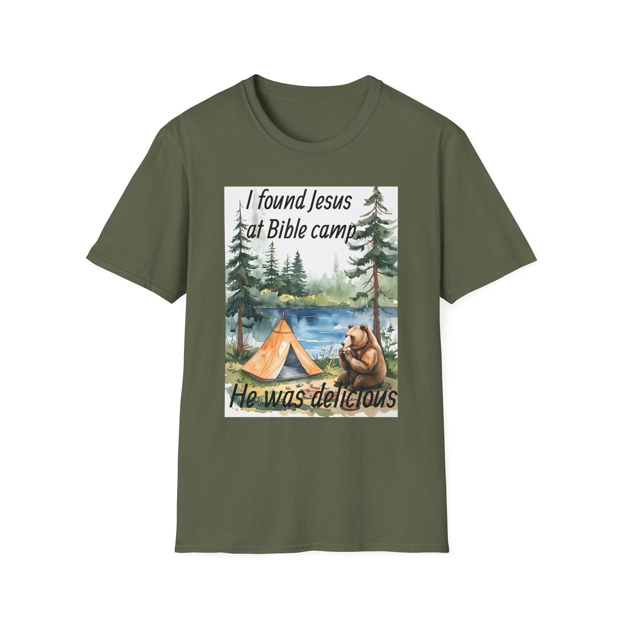 Funny Tee, Religious Camp Tshirt, Jesus Lover Shirt, Hilarious Church Gift, Christian Humor Apparel, Faith-Based Clothing camping bear