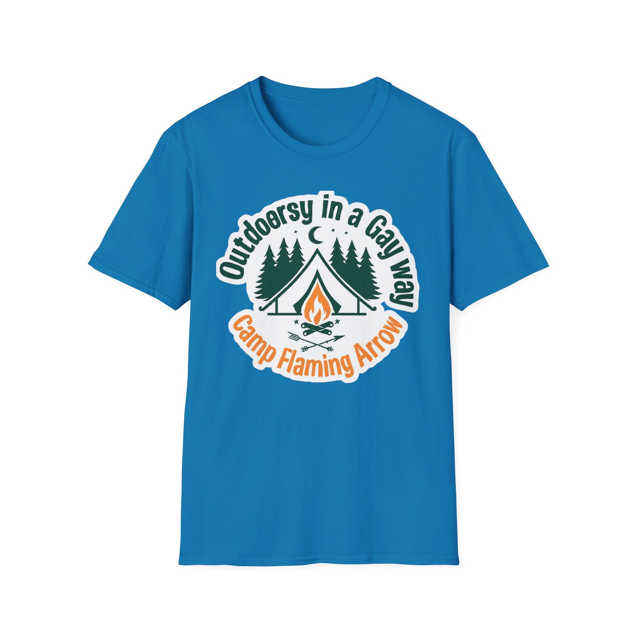 Camp Flaming Arrow Pride T-Shirt, Ptown carnival Gay Outdoorsy in a gay way, LGBTQ+ Camping Gear, Summer Festival Top, Unisex Graphic Tee