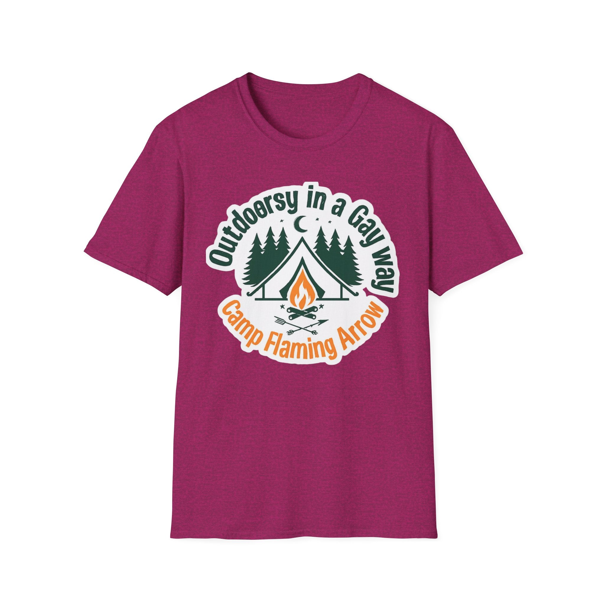 Camp Flaming Arrow Pride T-Shirt, Ptown carnival Gay Outdoorsy in a gay way, LGBTQ+ Camping Gear, Summer Festival Top, Unisex Graphic Tee
