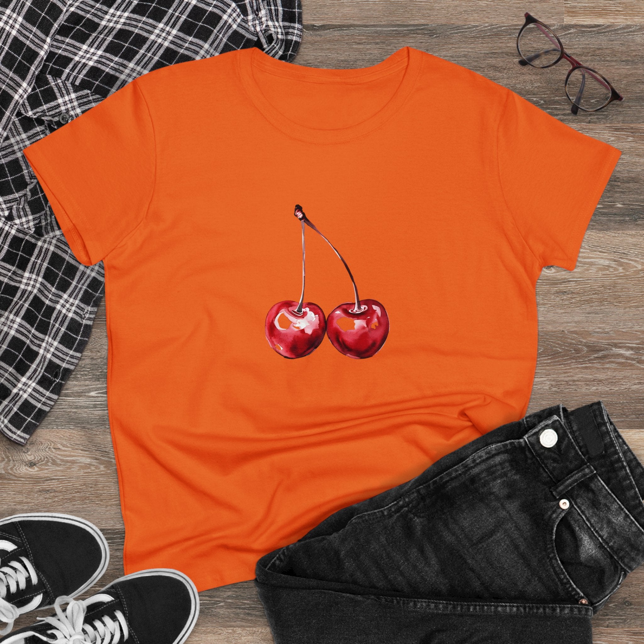 Cherries Tee, Fruit Graphic Shirt, Summer Vibes Top, Women's Cotton T-Shirt, Retro Cherry Print Clothing, Food Lover Gift
