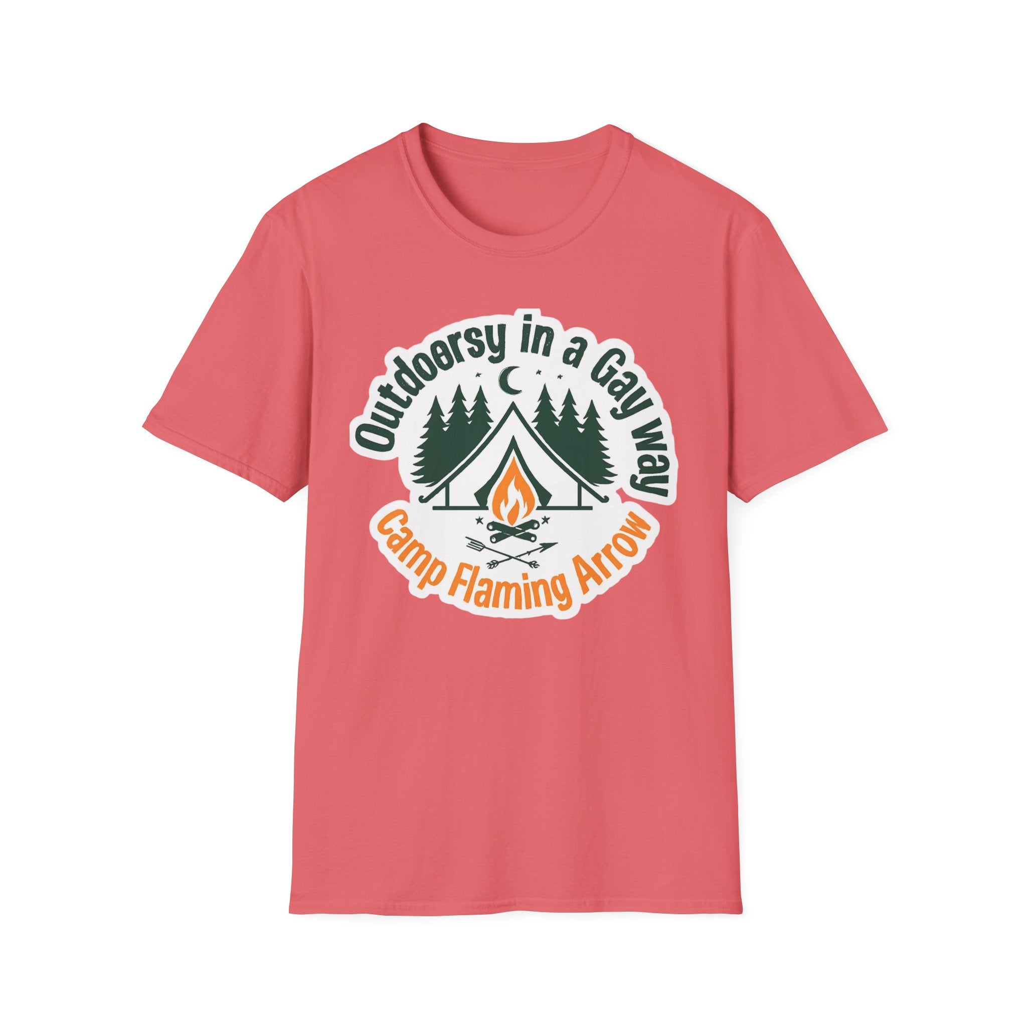 Camp Flaming Arrow Pride T-Shirt, Ptown carnival Gay Outdoorsy in a gay way, LGBTQ+ Camping Gear, Summer Festival Top, Unisex Graphic Tee