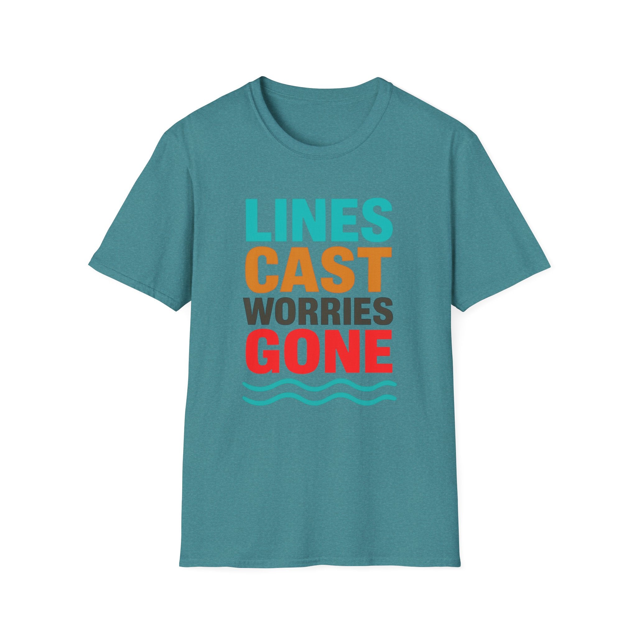 Relaxing Lines cast worries gone T-Shirt - Unisex Softstyle Tee, Casual Wear, Gift for Fishermen, Summer Vibes, Relaxation Shirt