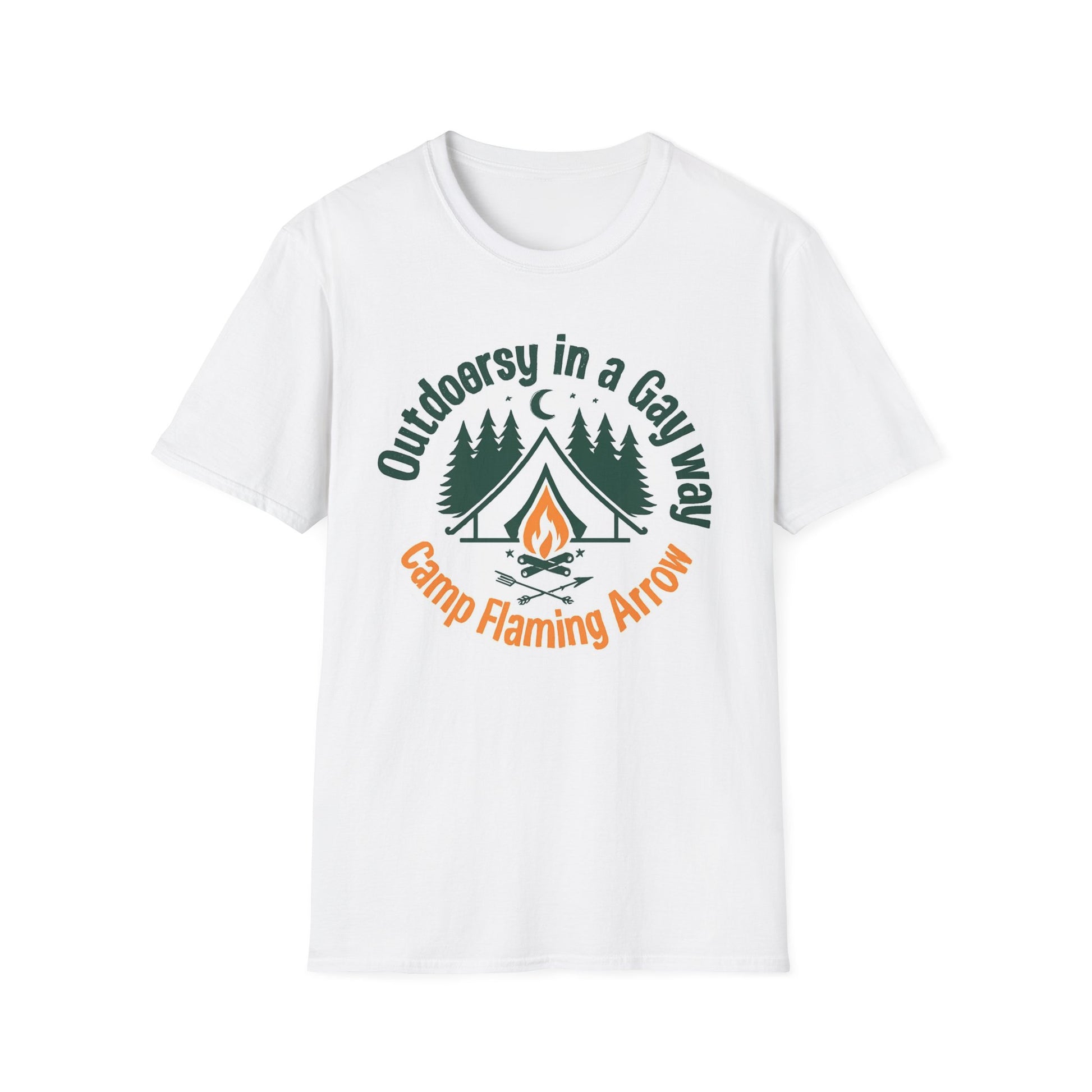 Camp Flaming Arrow Pride T-Shirt, Ptown carnival Gay Outdoorsy in a gay way, LGBTQ+ Camping Gear, Summer Festival Top, Unisex Graphic Tee