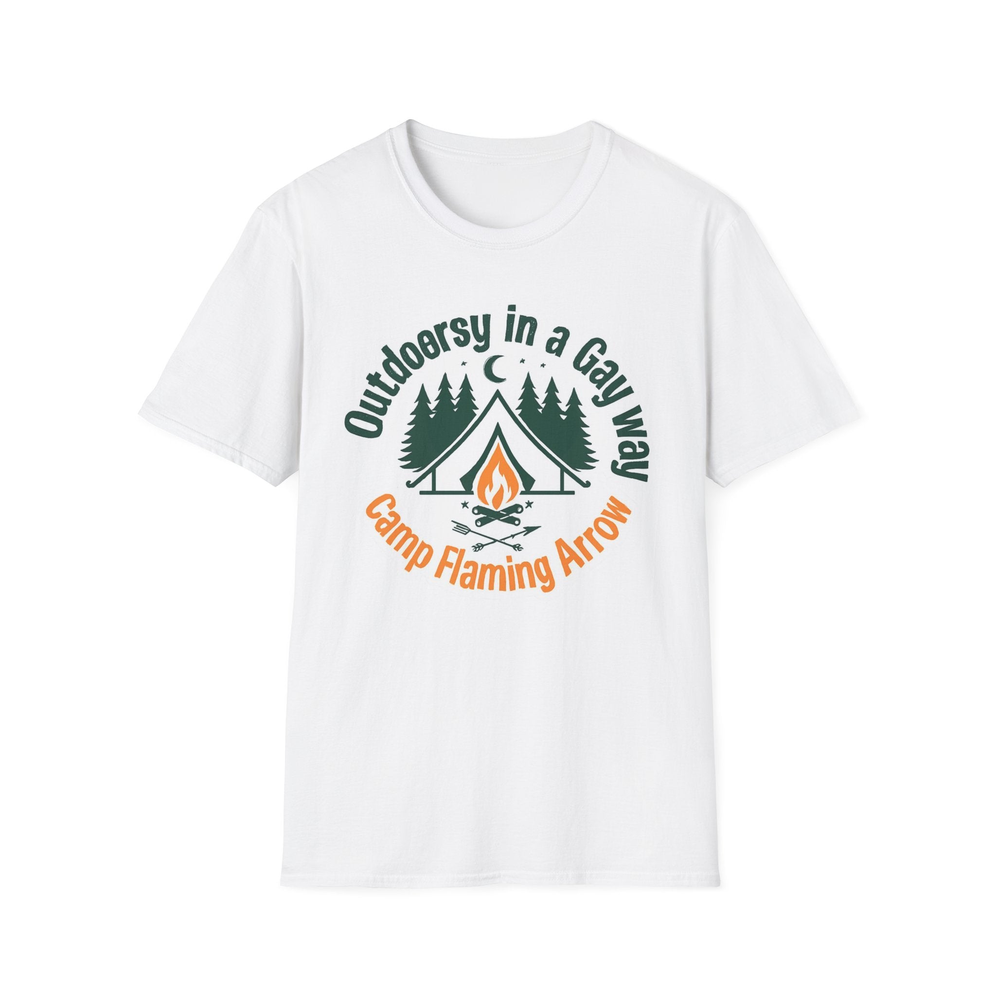 Camp Flaming Arrow Pride T-Shirt, Ptown carnival Gay Outdoorsy in a gay way, LGBTQ+ Camping Gear, Summer Festival Top, Unisex Graphic Tee