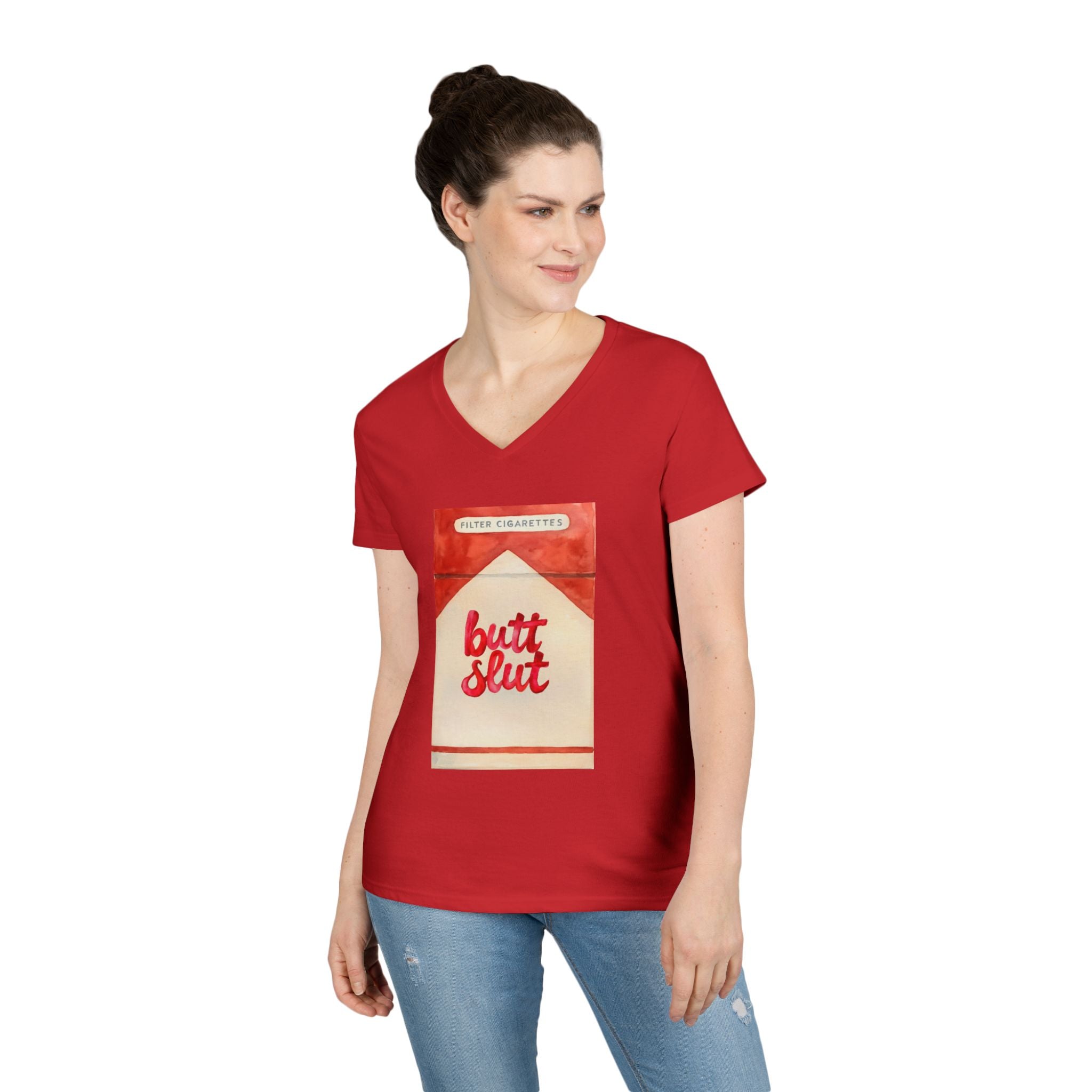 Butt Slut Ladies' V-Neck T-Shirt, Fun Offensive Smokers Shirt, Women's Tee, Rude Graphic Top, V-Neck Short Sleeve Shirt