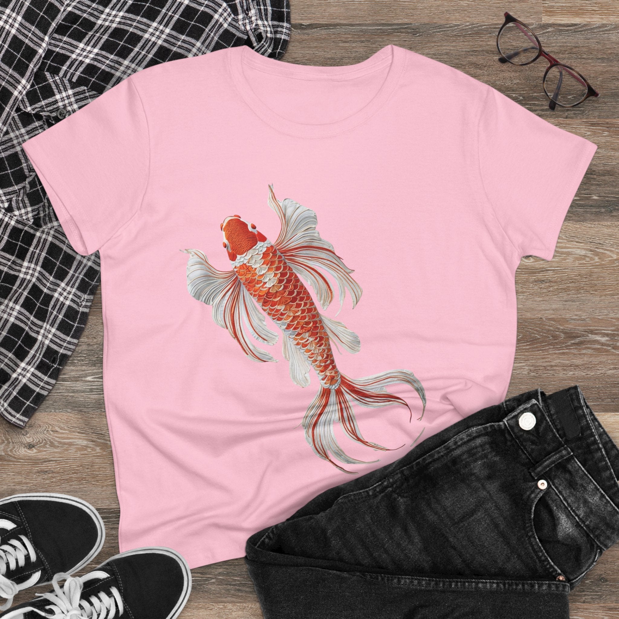 Koi Fish Design Tee for Women, Casual Summer Top, Gift for Nature Lovers, Artistic Cotton Shirt, Ocean Vibe Tee, Everyday Wear