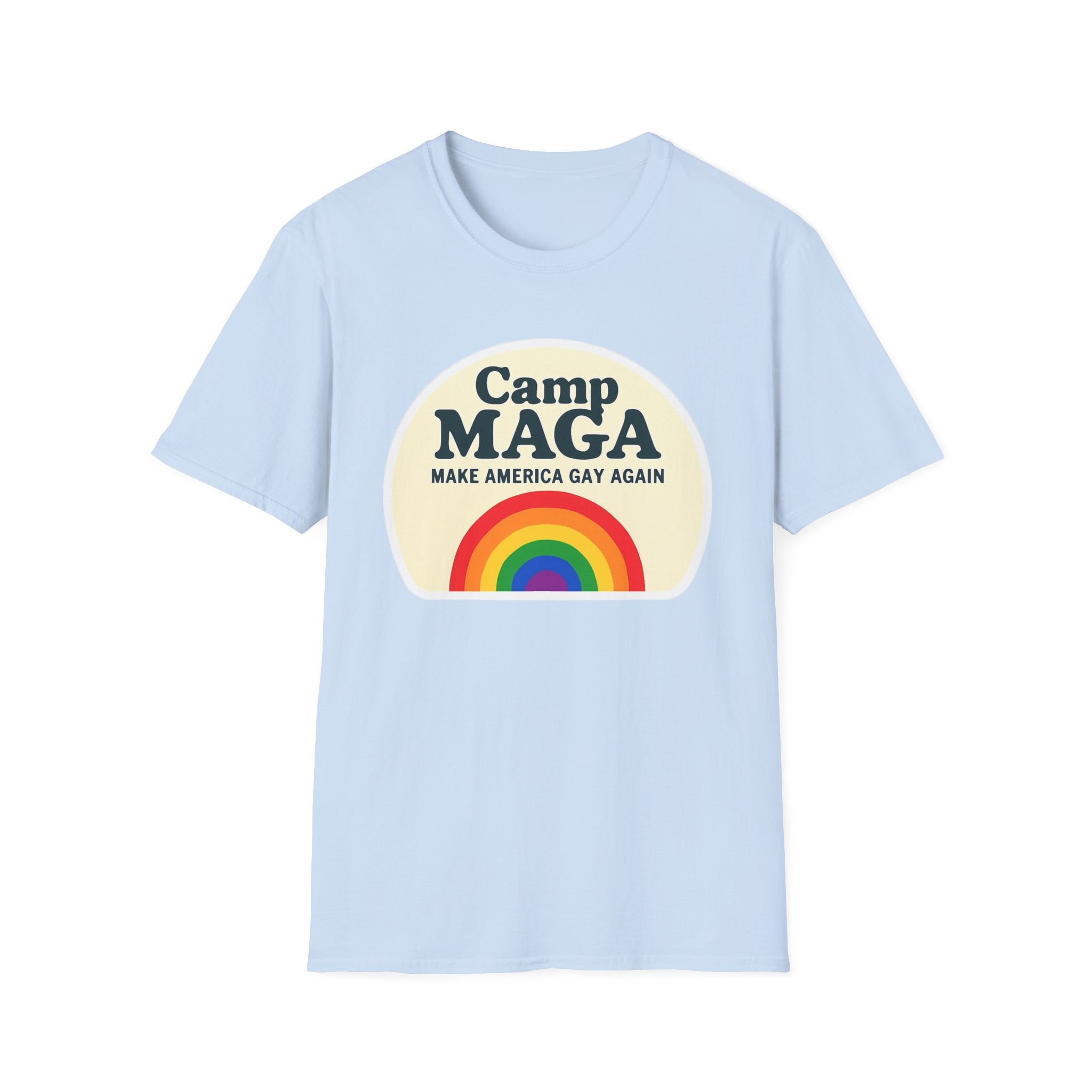 Camp MAGA Rainbow T-Shirt, Carnival Make America Gay Again Pride Tee, LGBTQ Festival Shirt, Unisex Softstyle Top, Patriotic Rainbow Apparel