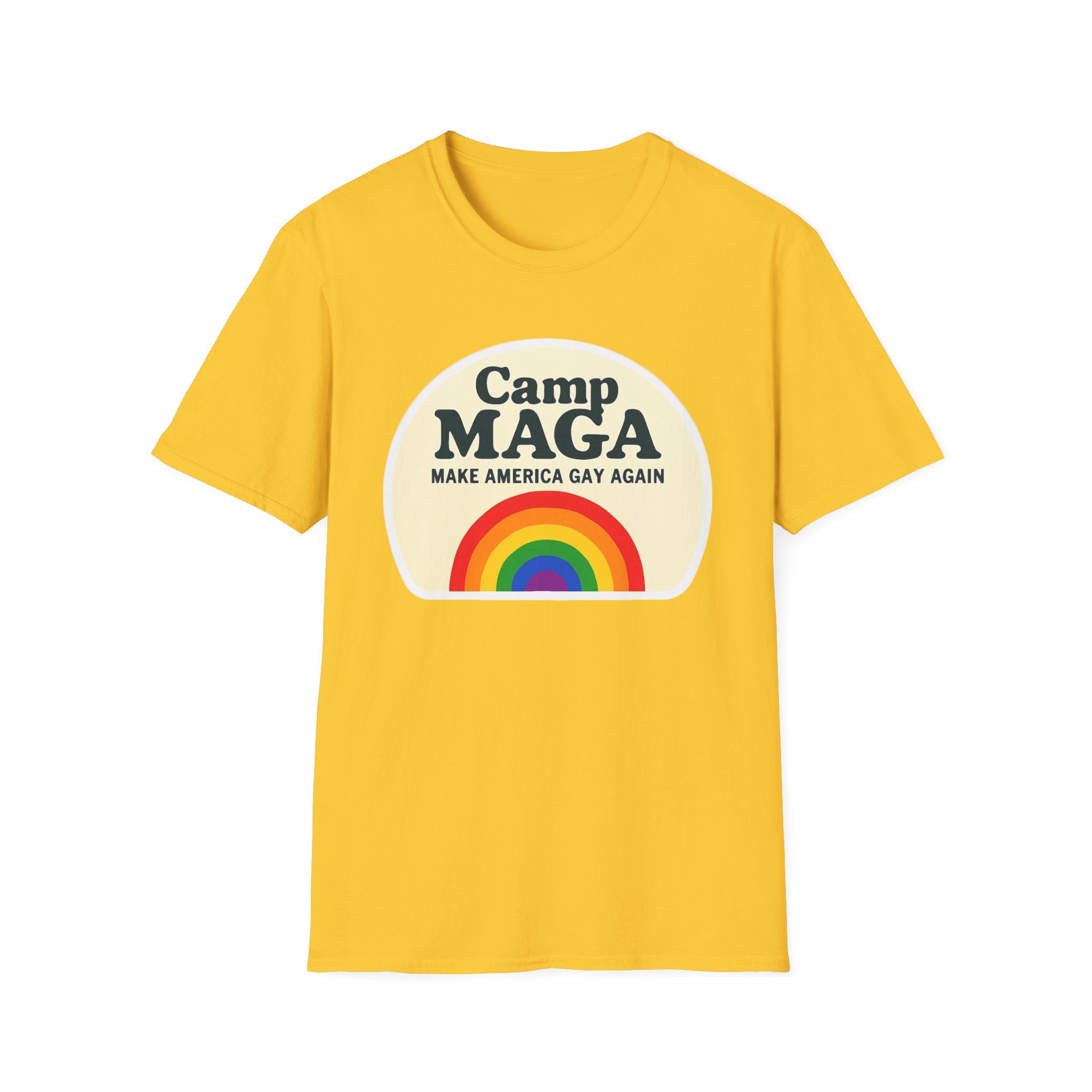 Camp MAGA Rainbow T-Shirt, Carnival Make America Gay Again Pride Tee, LGBTQ Festival Shirt, Unisex Softstyle Top, Patriotic Rainbow Apparel