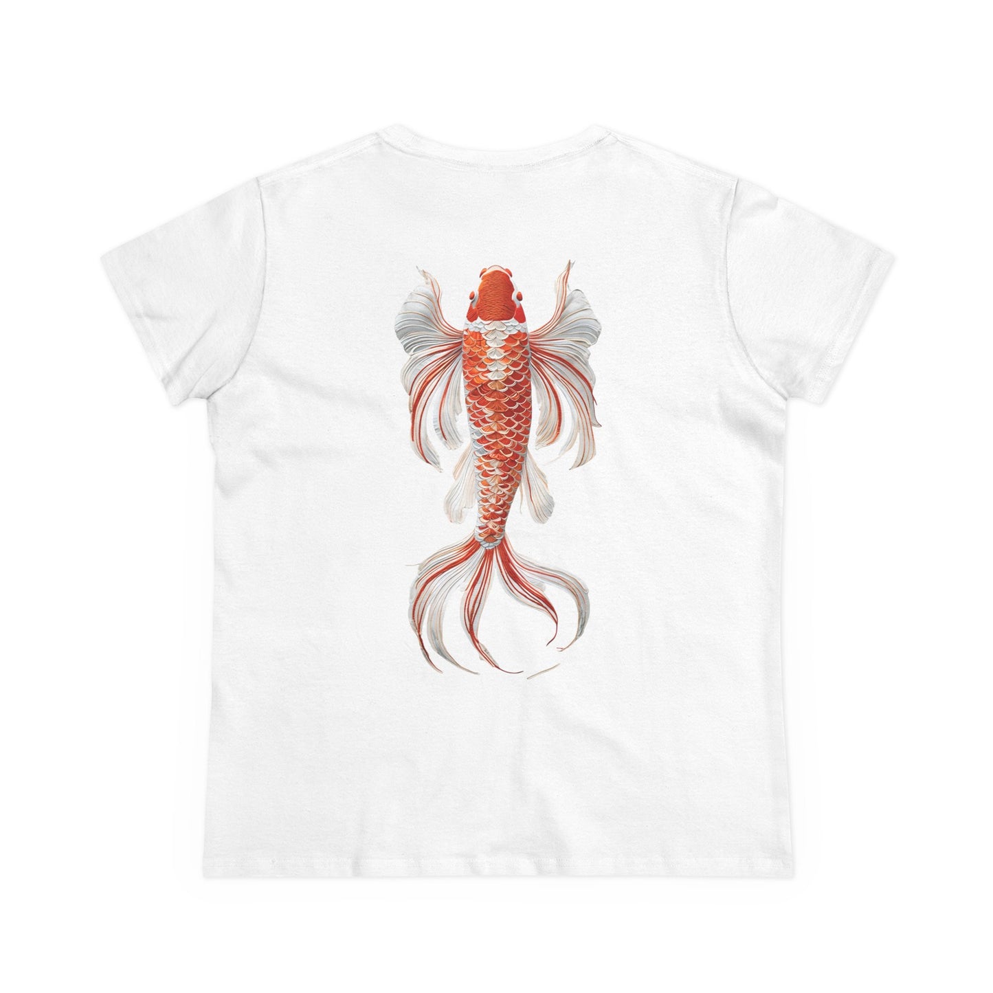 Artistic Goldfish Graphic Women's Midweight Cotton Tee koi On back of tee