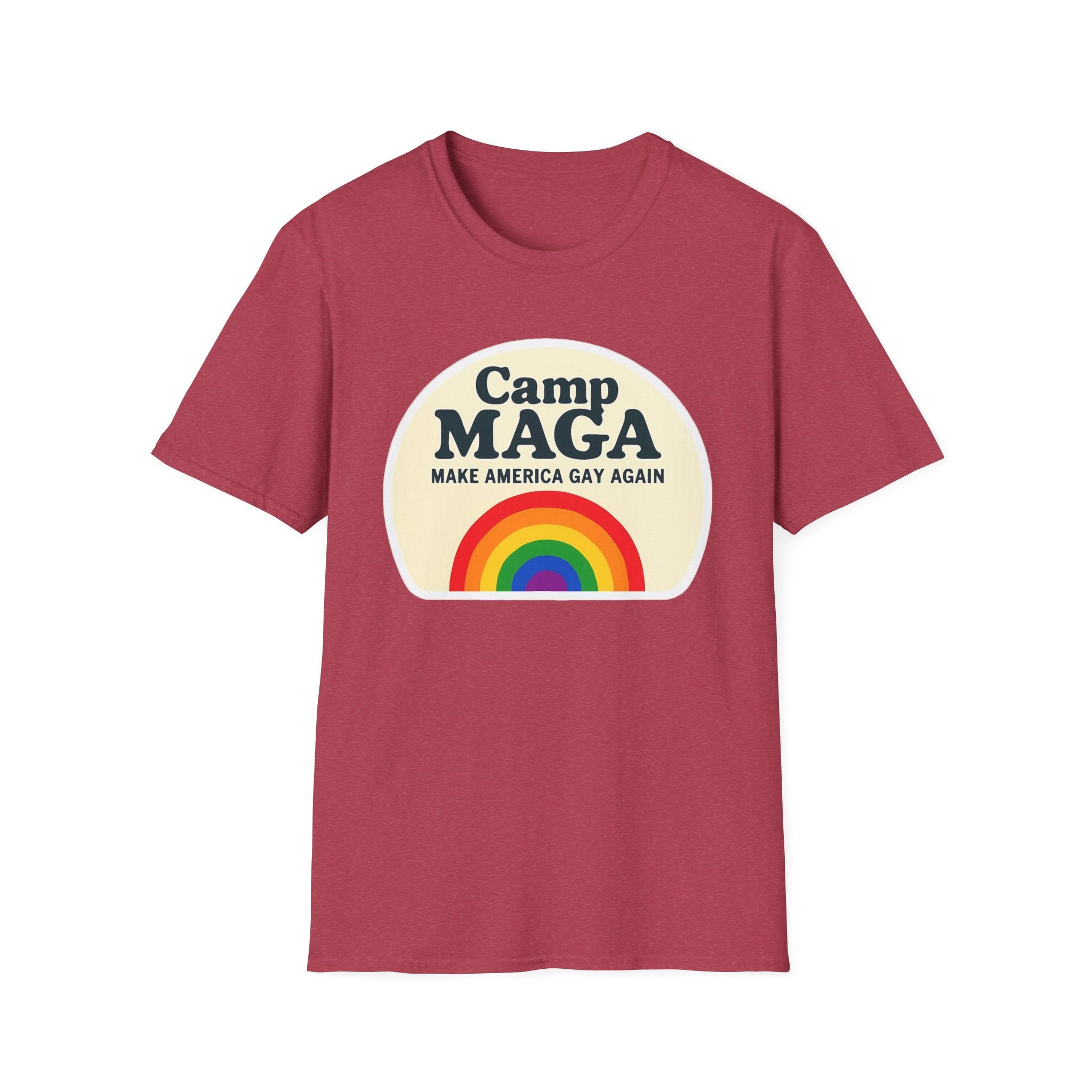 Camp MAGA Rainbow T-Shirt, Carnival Make America Gay Again Pride Tee, LGBTQ Festival Shirt, Unisex Softstyle Top, Patriotic Rainbow Apparel