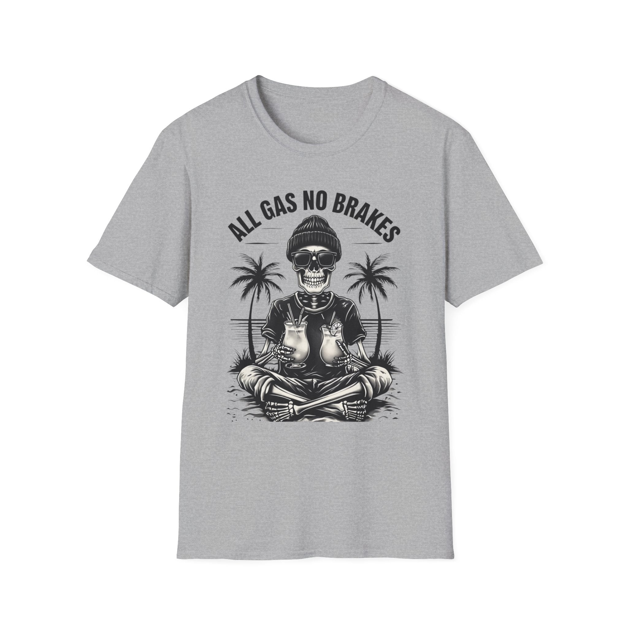 All Gas No Brakes Tee, Beach Party Skull Unisex Softstyle T-Shirt, Summer Skeleton Shirt, Vacation Graphic Top, Surfing Skeleton Apparel