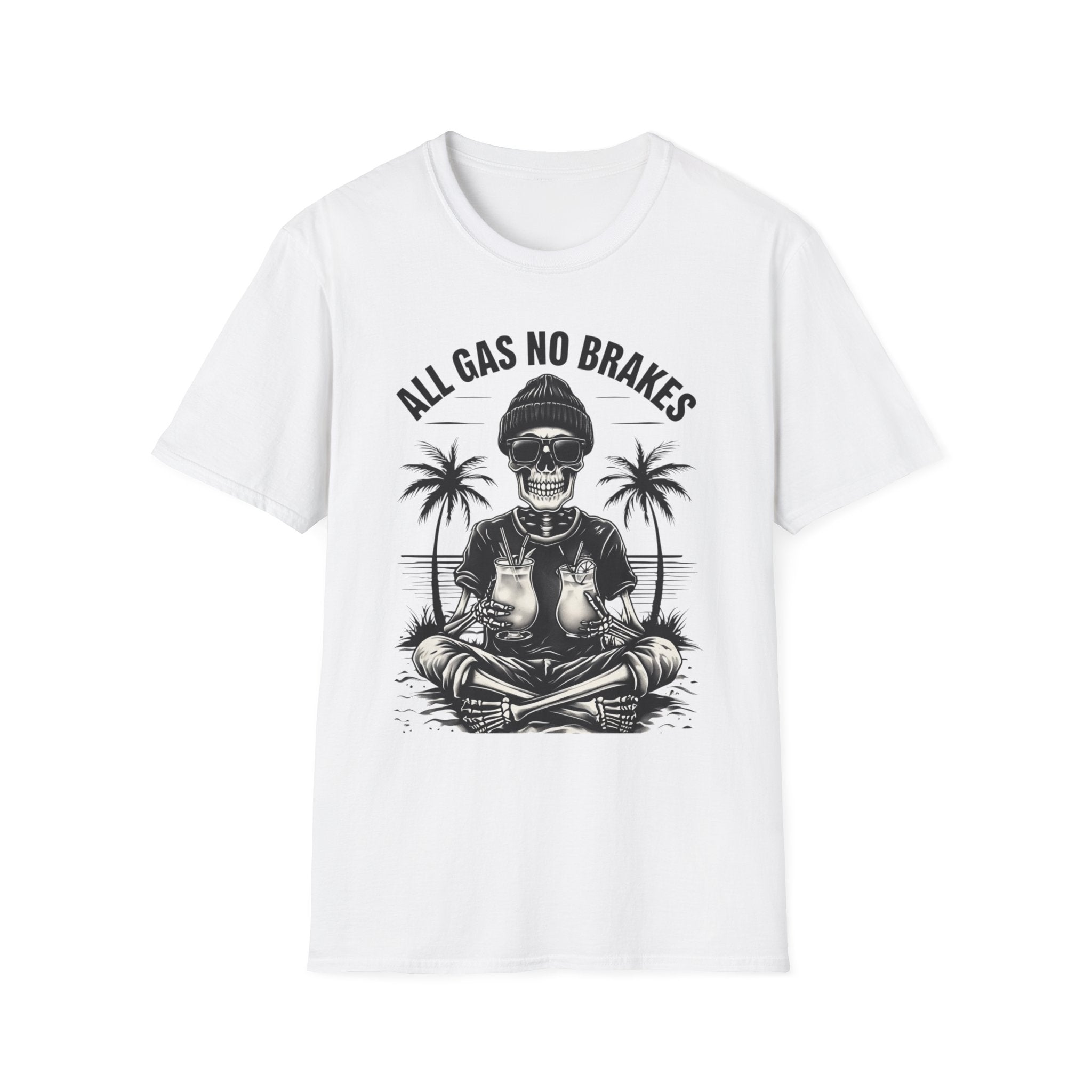 All Gas No Brakes Tee, Beach Party Skull Unisex Softstyle T-Shirt, Summer Skeleton Shirt, Vacation Graphic Top, Surfing Skeleton Apparel