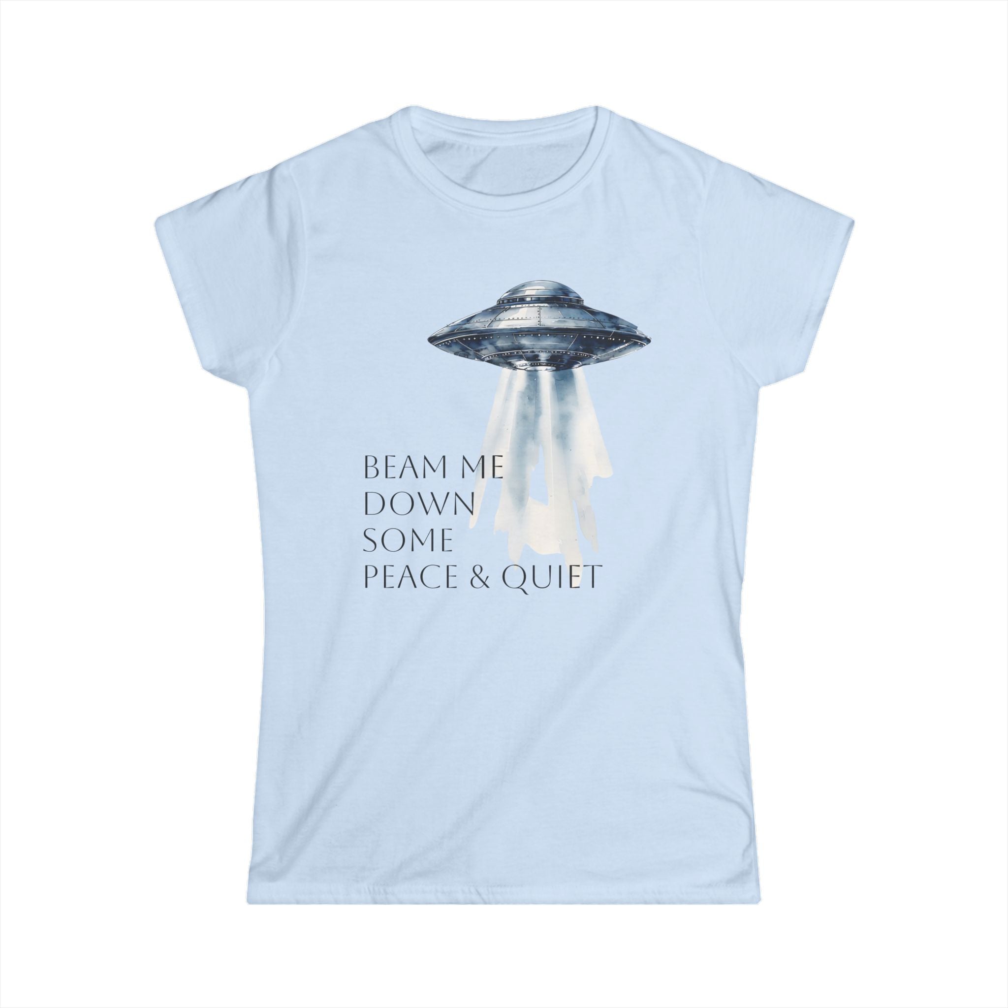 Beam Me Down UFO Tee, Women's Softstyle Tee, Fun Graphic Shirt, Quirky Casual Wear, Alien Lover Gift, Unique Relaxed T-Shirt