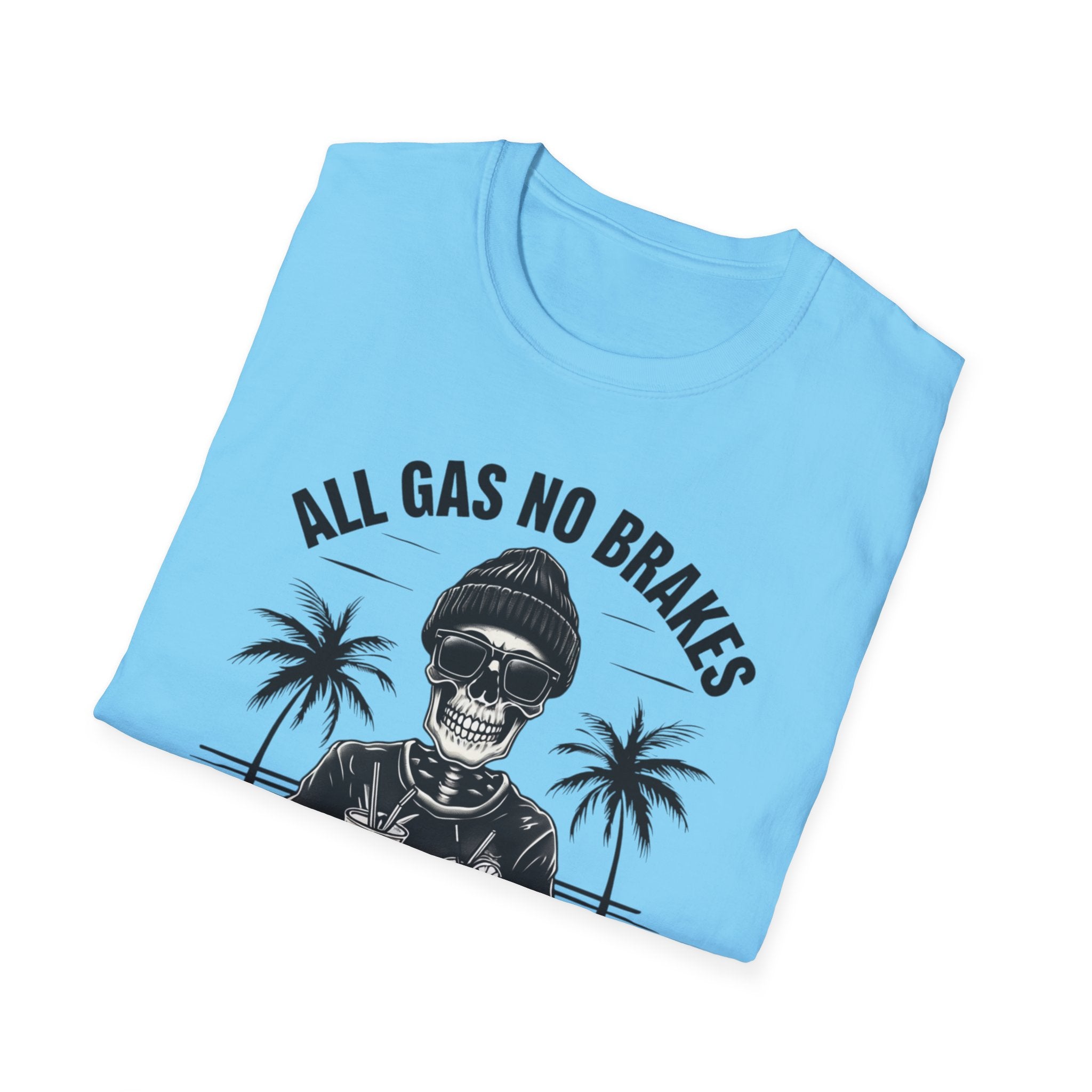 All Gas No Brakes Tee, Beach Party Skull Unisex Softstyle T-Shirt, Summer Skeleton Shirt, Vacation Graphic Top, Surfing Skeleton Apparel