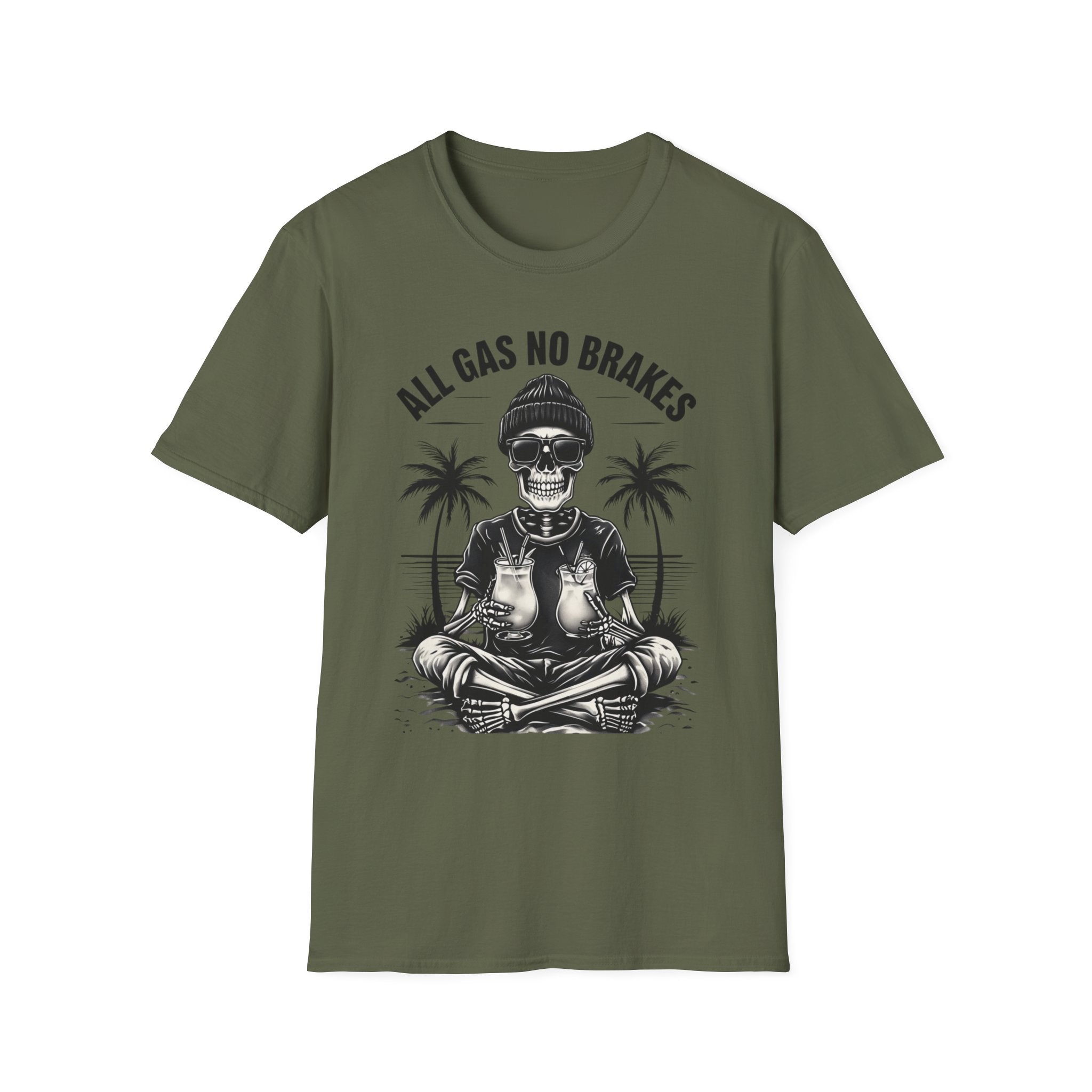 All Gas No Brakes Tee, Beach Party Skull Unisex Softstyle T-Shirt, Summer Skeleton Shirt, Vacation Graphic Top, Surfing Skeleton Apparel