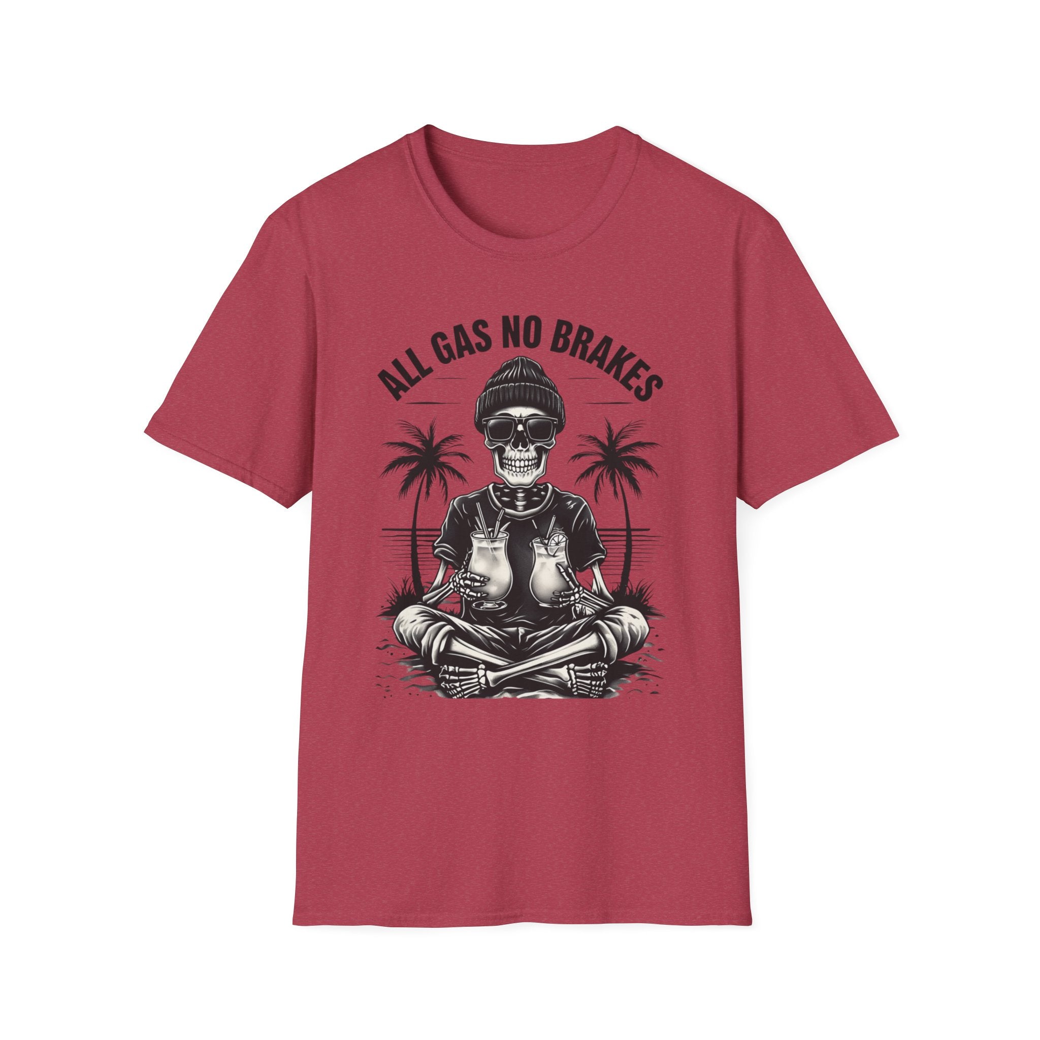 All Gas No Brakes Tee, Beach Party Skull Unisex Softstyle T-Shirt, Summer Skeleton Shirt, Vacation Graphic Top, Surfing Skeleton Apparel